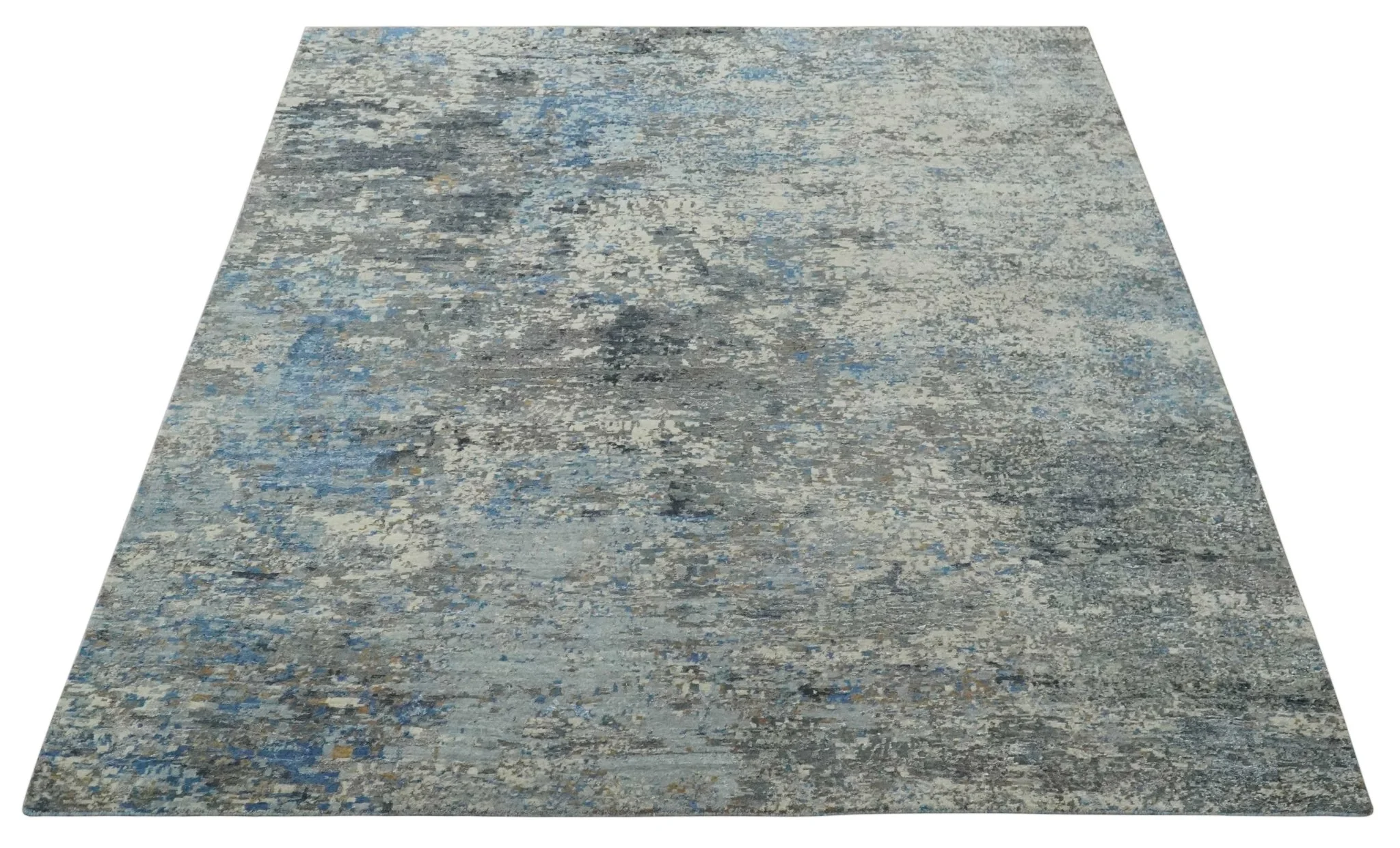 Modern Abstract Beige, Blue and Charcoal Hand knotted 8x10 wool and Bamboo Silk Area Rug - Image 10