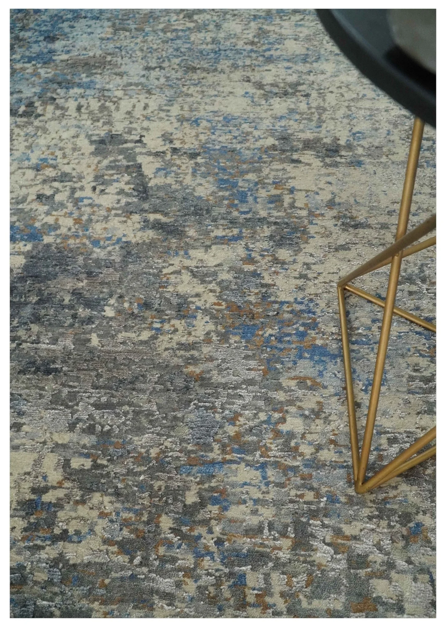 Modern Abstract Beige, Blue and Charcoal Hand knotted 8x10 wool and Bamboo Silk Area Rug - Image 2
