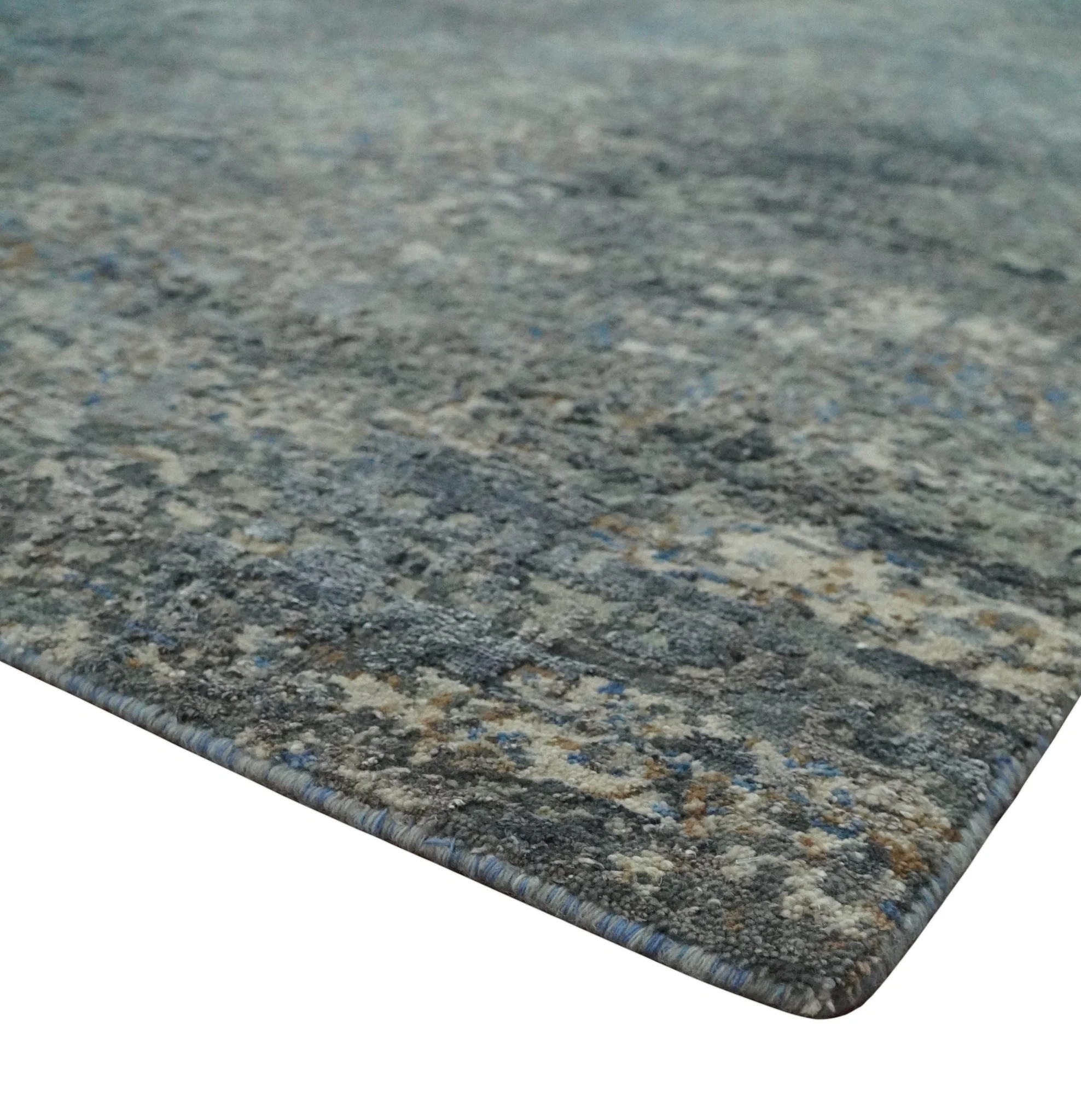 Modern Abstract Beige, Blue and Charcoal Hand knotted 8x10 wool and Bamboo Silk Area Rug - Image 5