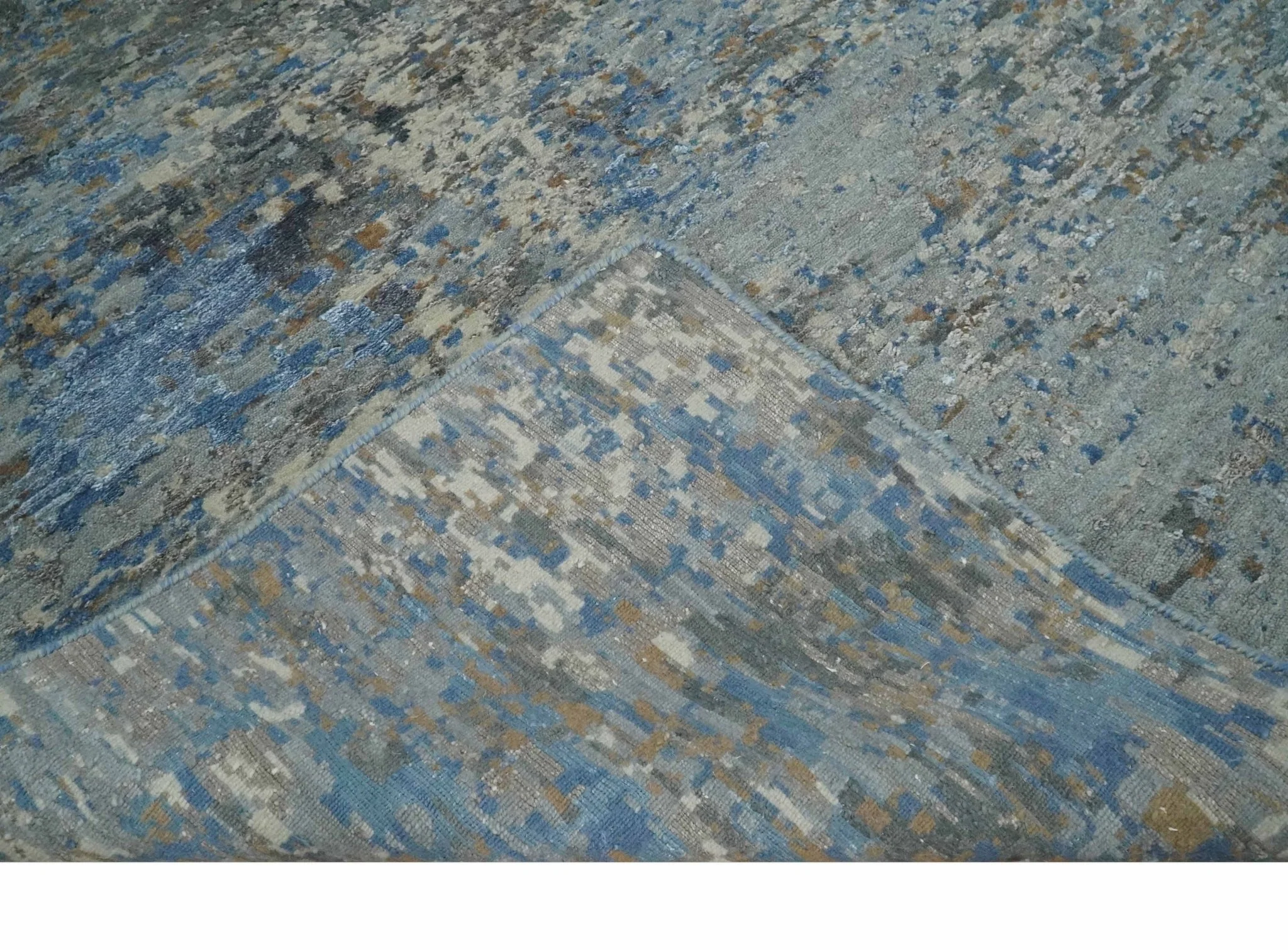 Modern Abstract Beige, Blue and Charcoal Hand knotted 8x10 wool and Bamboo Silk Area Rug - Image 7