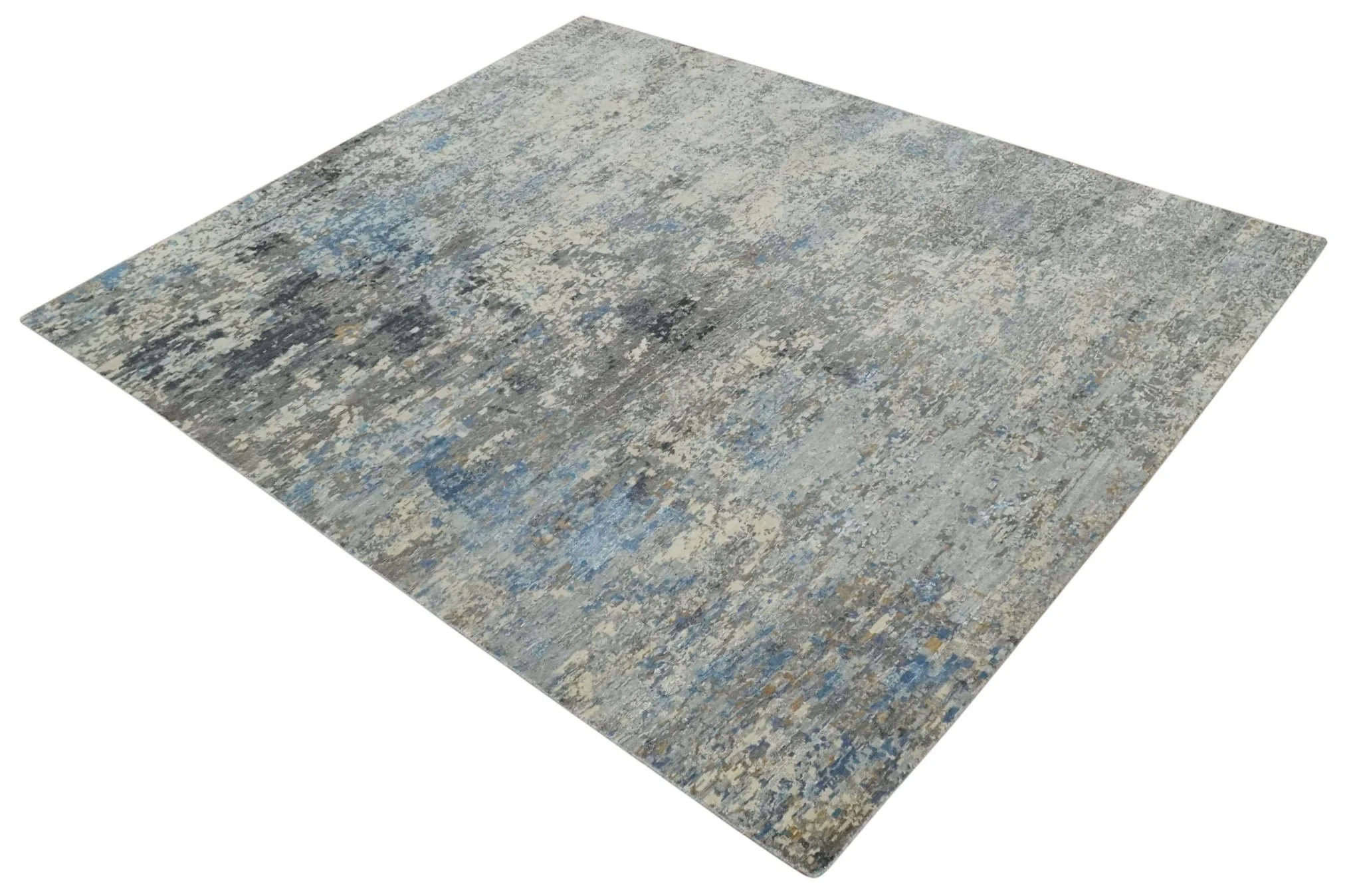 Modern Abstract Beige, Blue and Charcoal Hand knotted 8x10 wool and Bamboo Silk Area Rug - Image 9