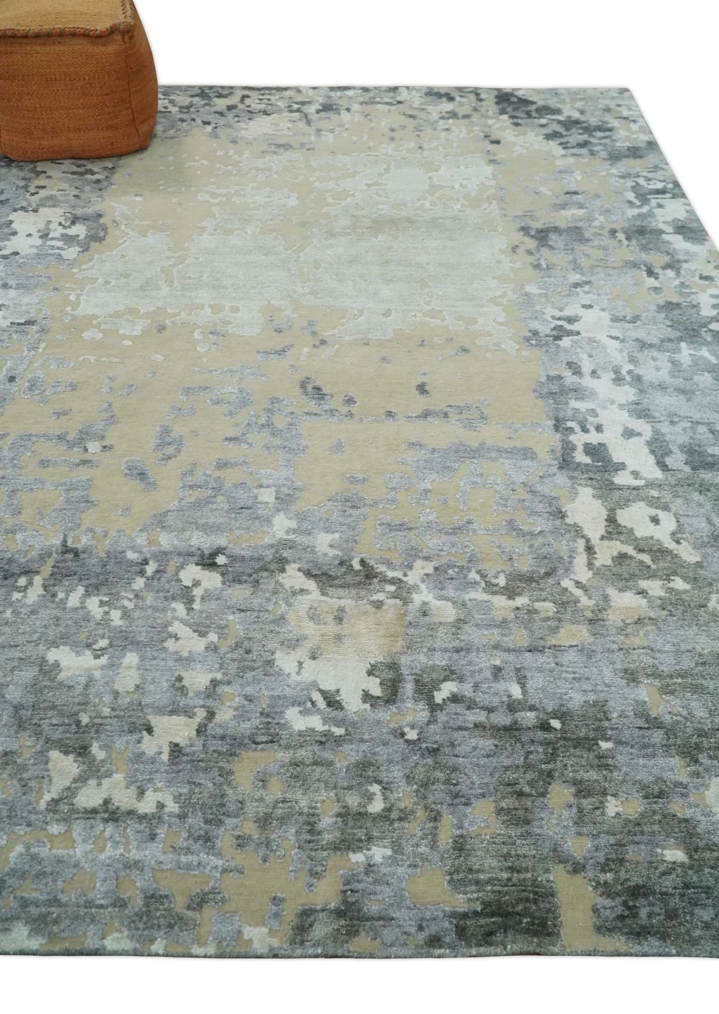 Modern Abstract 8x10 Beige, Ivory and Gray Hand Knotted Bamboo Silk and Wool Area Rug - Image 3