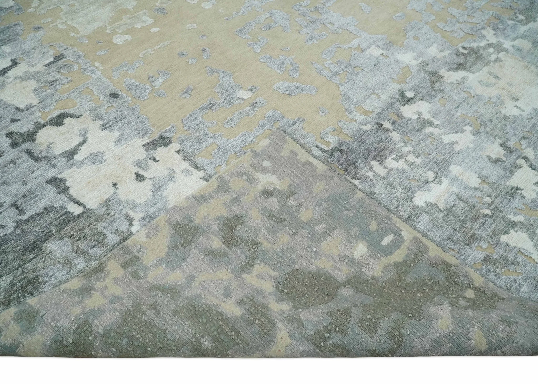 Modern Abstract 8x10 Beige, Ivory and Gray Hand Knotted Bamboo Silk and Wool Area Rug - Image 6