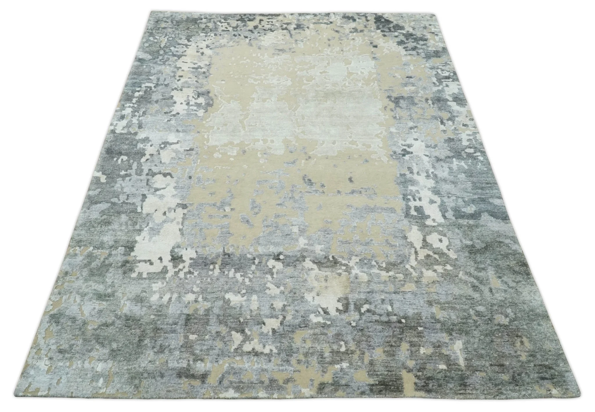 Modern Abstract 8x10 Beige, Ivory and Gray Hand Knotted Bamboo Silk and Wool Area Rug - Image 7