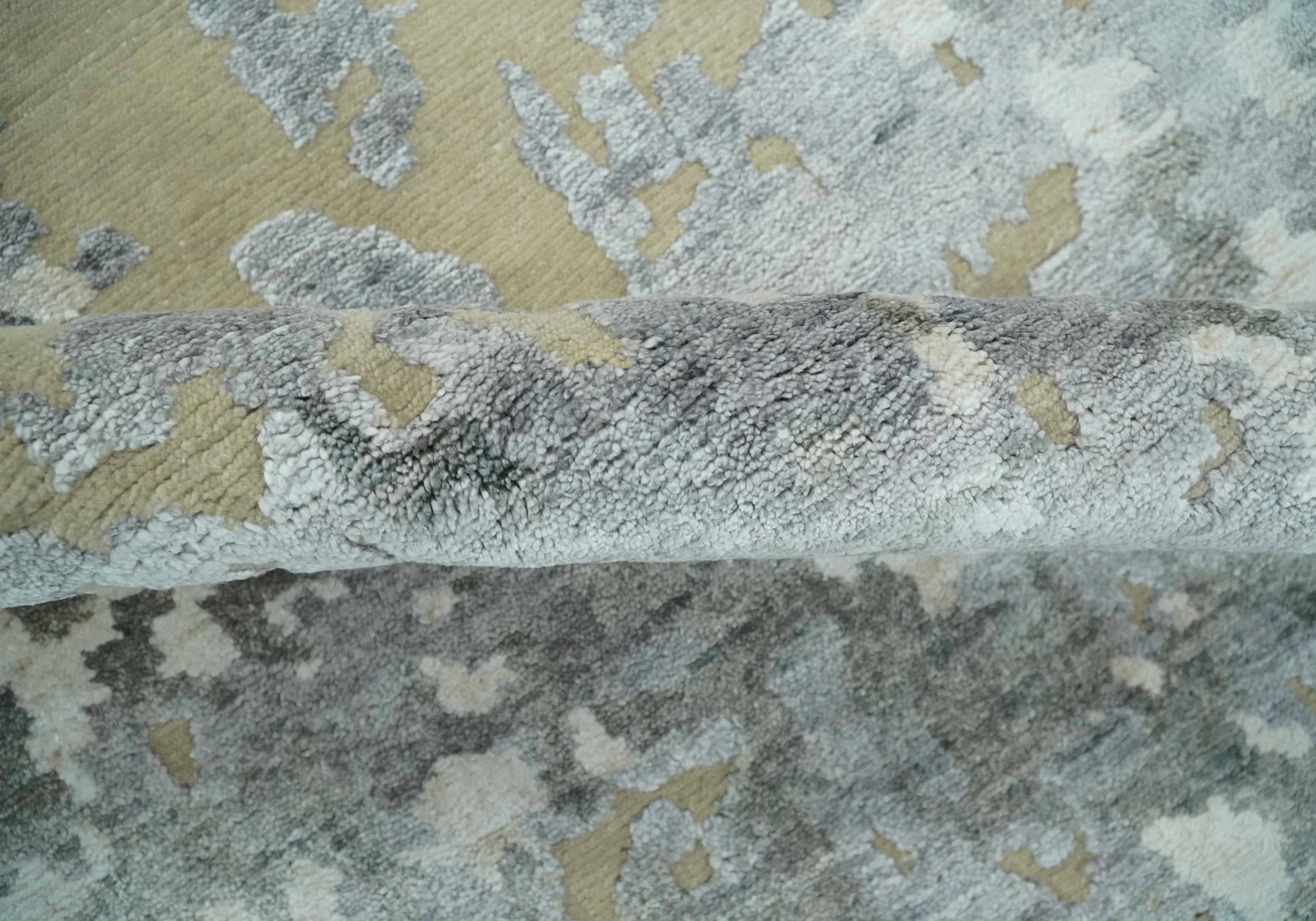 Modern Abstract 8x10 Beige, Ivory and Gray Hand Knotted Bamboo Silk and Wool Area Rug - Image 8