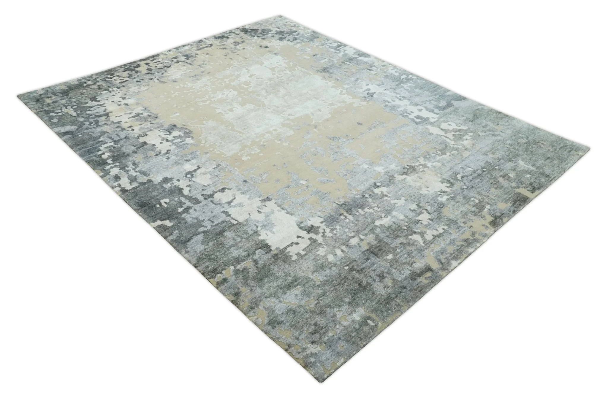 Modern Abstract 8x10 Beige, Ivory and Gray Hand Knotted Bamboo Silk and Wool Area Rug - Image 9