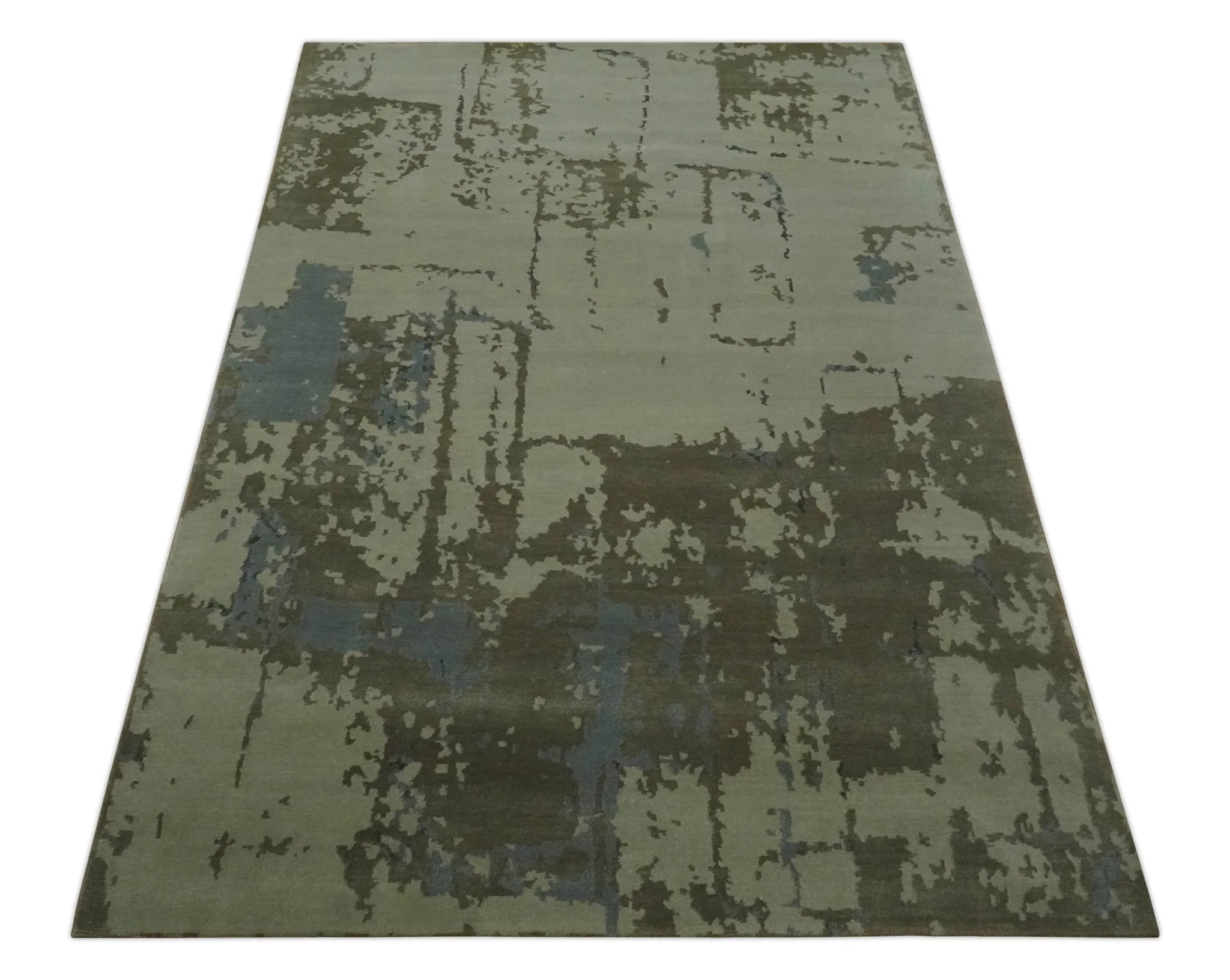 Modern abstract Beige, Olive and Gray 6x9 Hand Knotted Wool and Art Silk Area Rug - Image 11