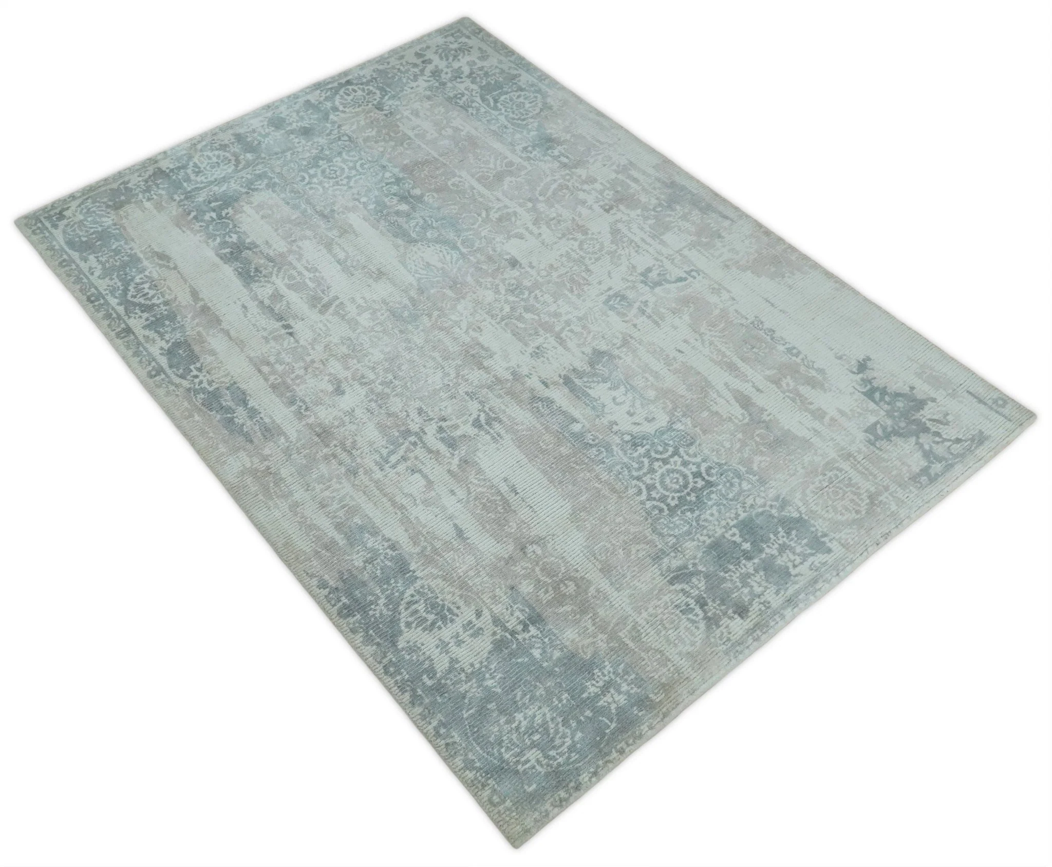 5.8x7.9 Modern Abstract Blue and Brown Rug hand made wool rug - Image 3