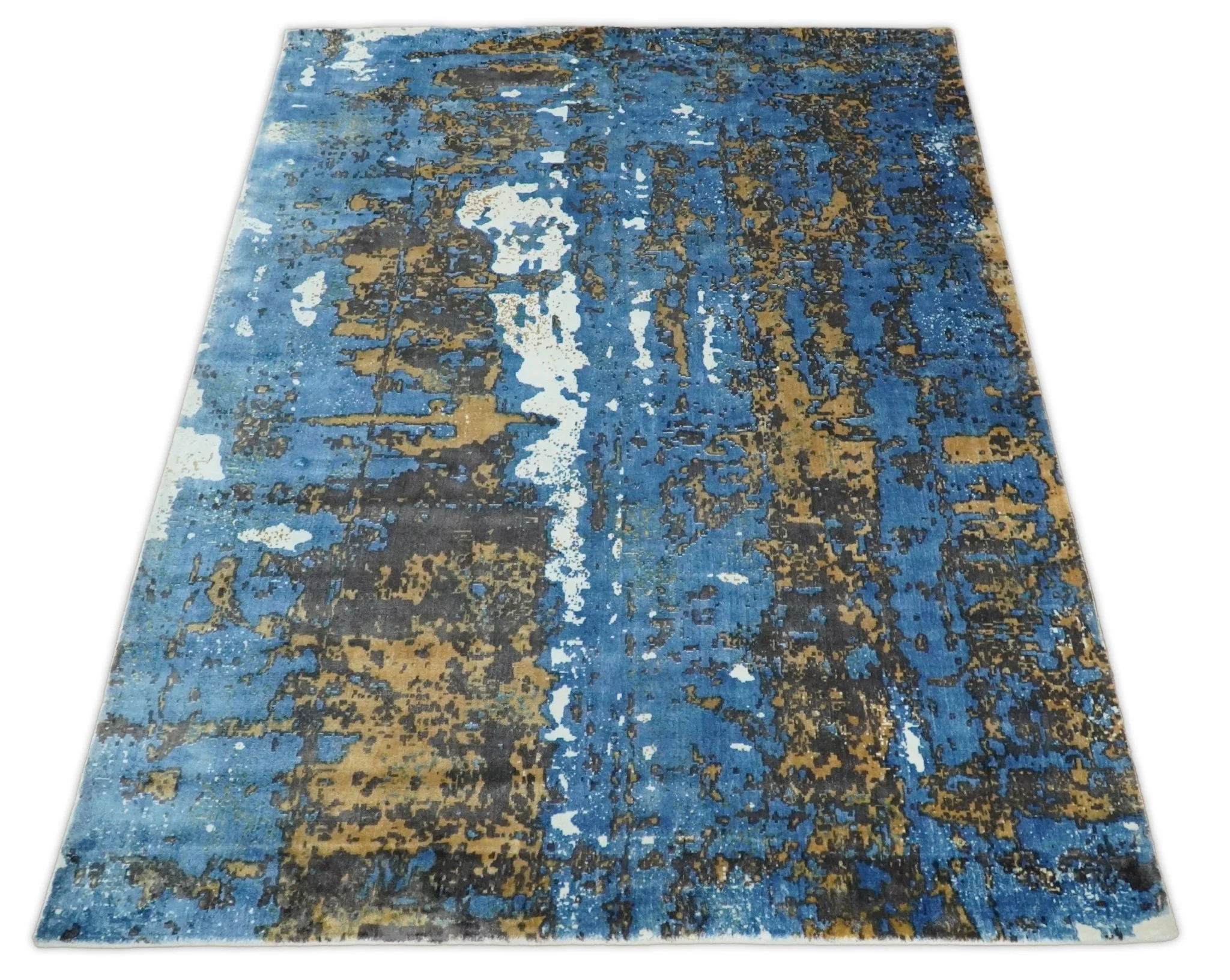 5.8x7.11 Modern Abstract Blue and Brown Rug made with Art Silk - Image 3