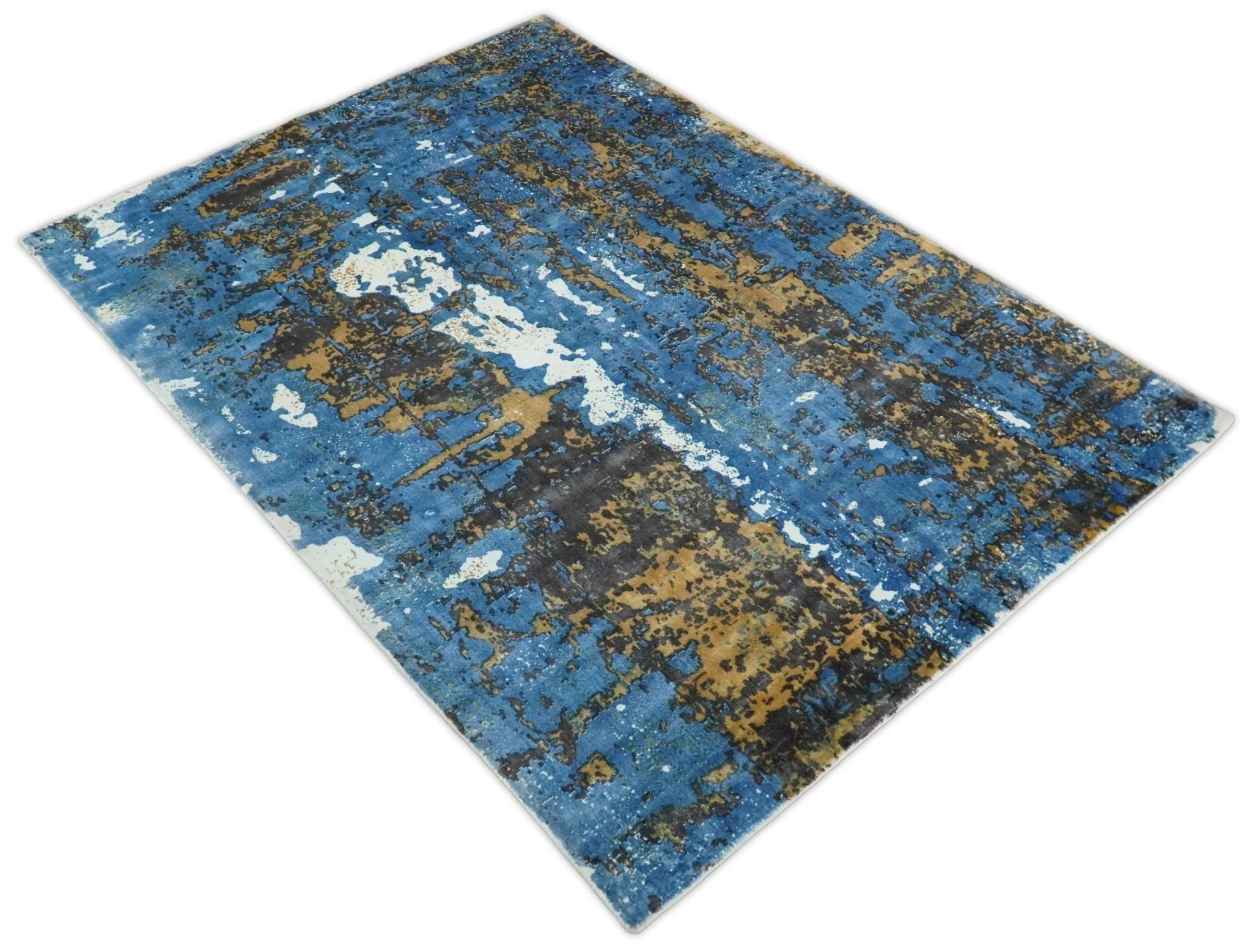 5.8x7.11 Modern Abstract Blue and Brown Rug made with Art Silk - Image 8