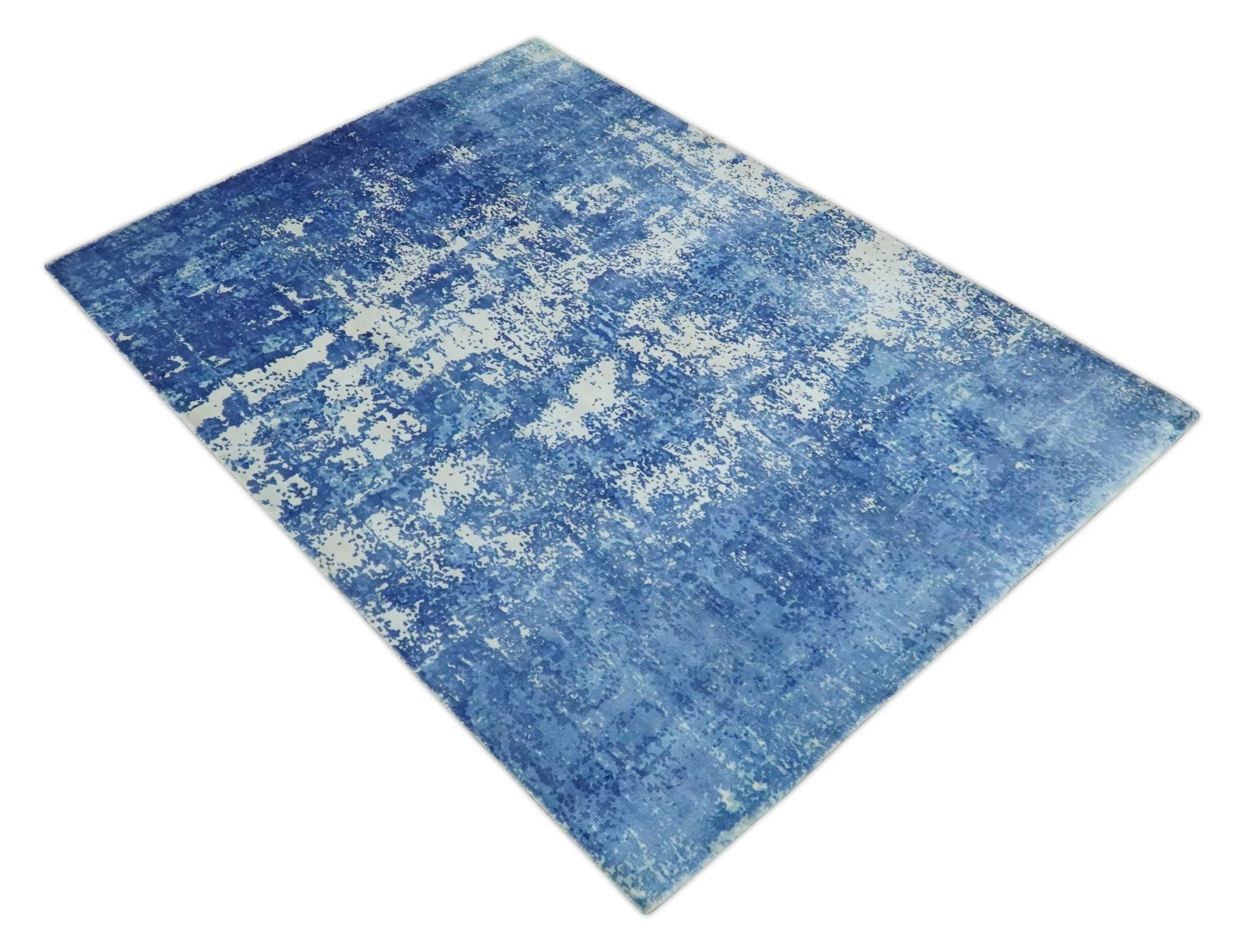 Modern Abstract Blue and Ivory Hand loom 5.6x8 Wool and Viscose Area Rug - Image 10