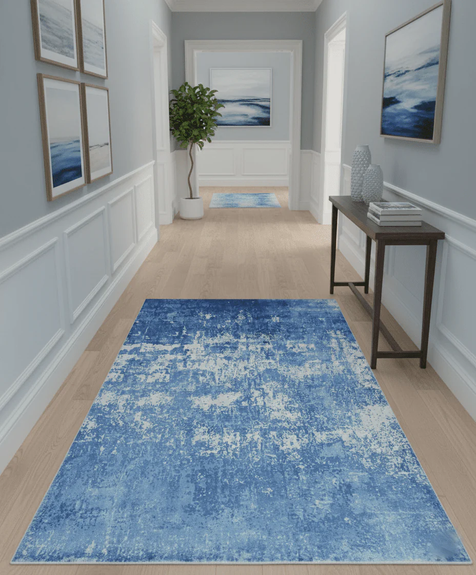 Modern Abstract Blue and Ivory Hand loom 5.6x8 Wool and Viscose Area Rug - Image 2