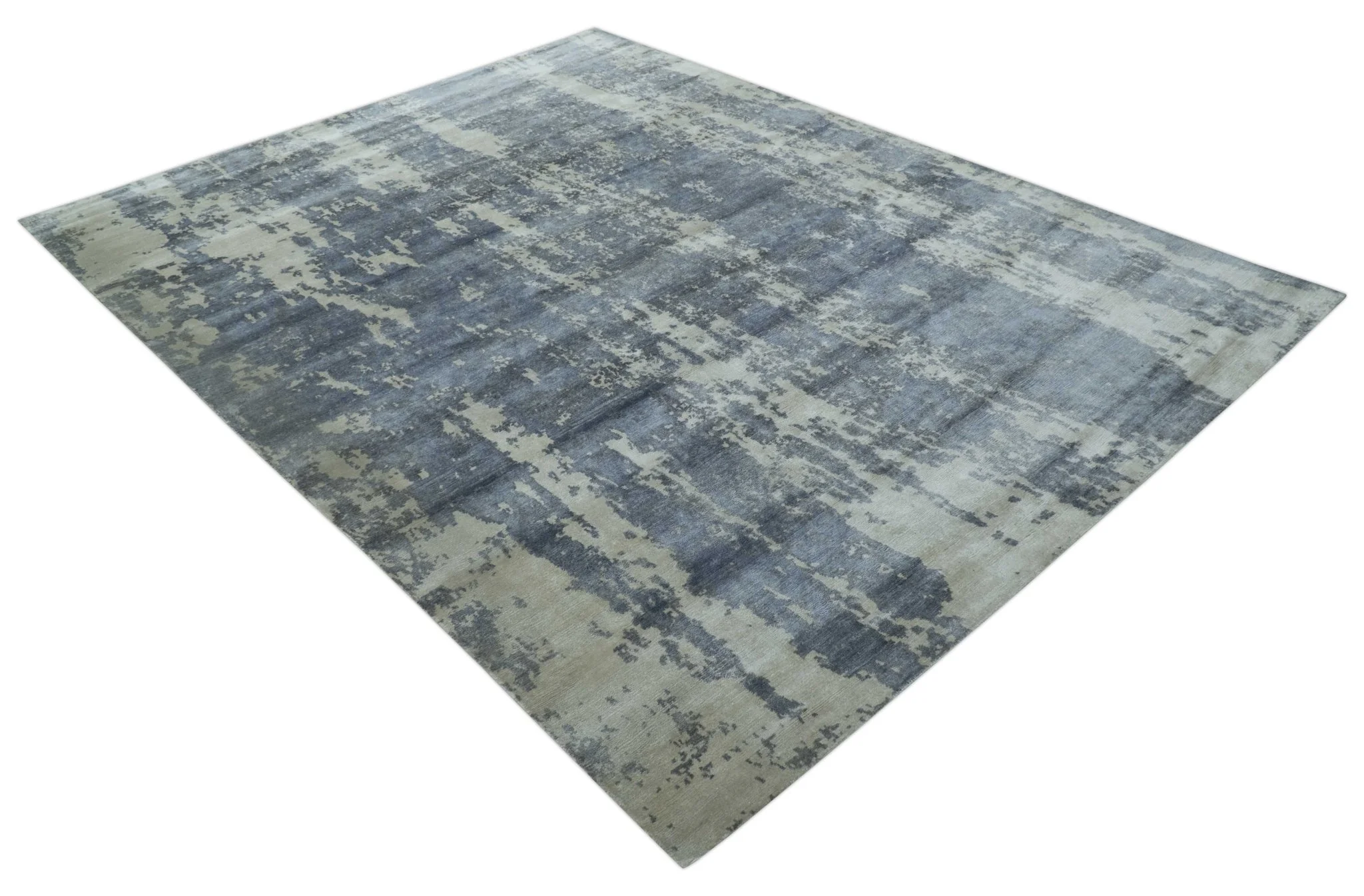 Modern Abstract Blue And Ivory Hand Knotted Wool Area Rug - Image 10