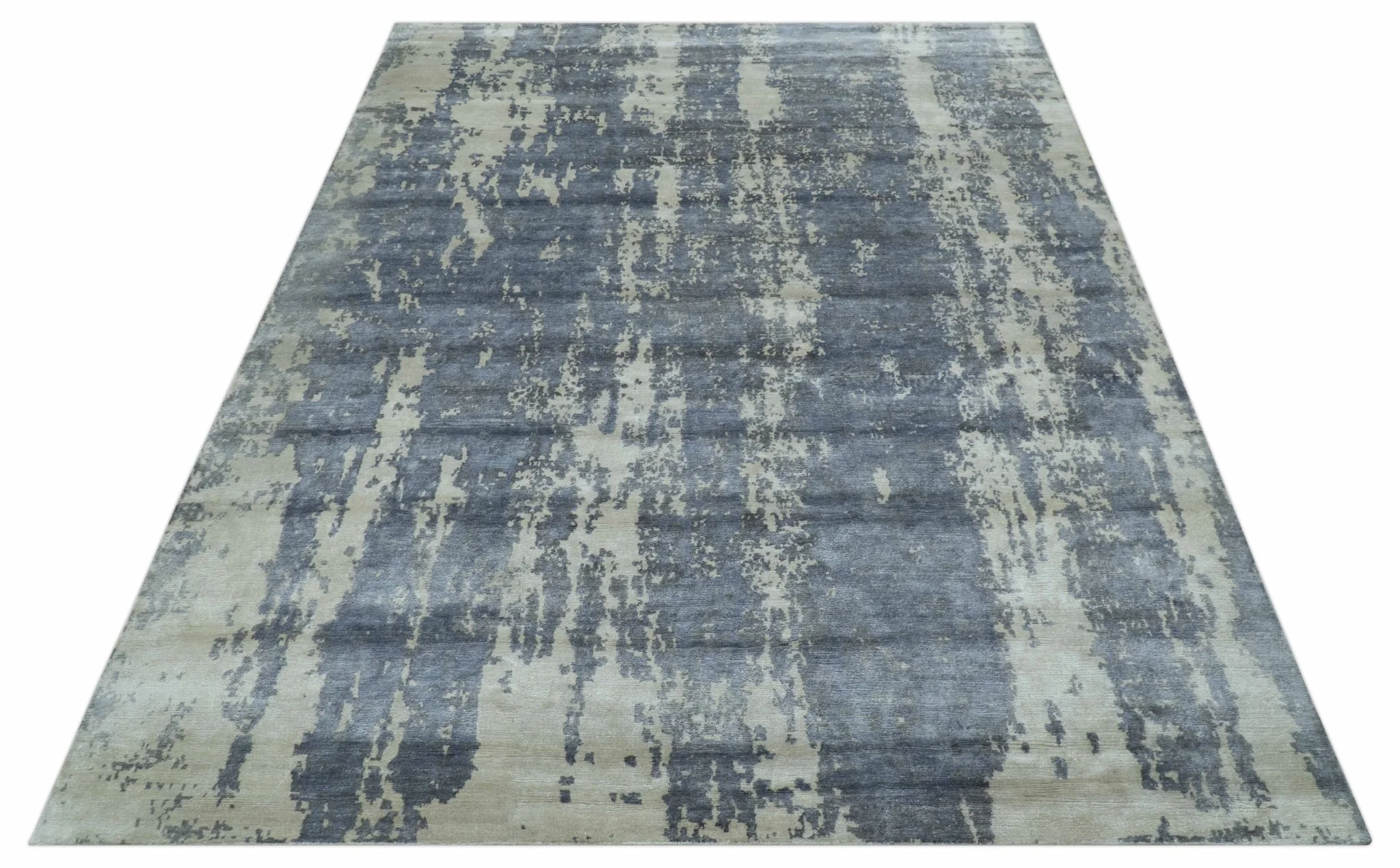 Modern Abstract Blue And Ivory Hand Knotted Wool Area Rug - Image 11
