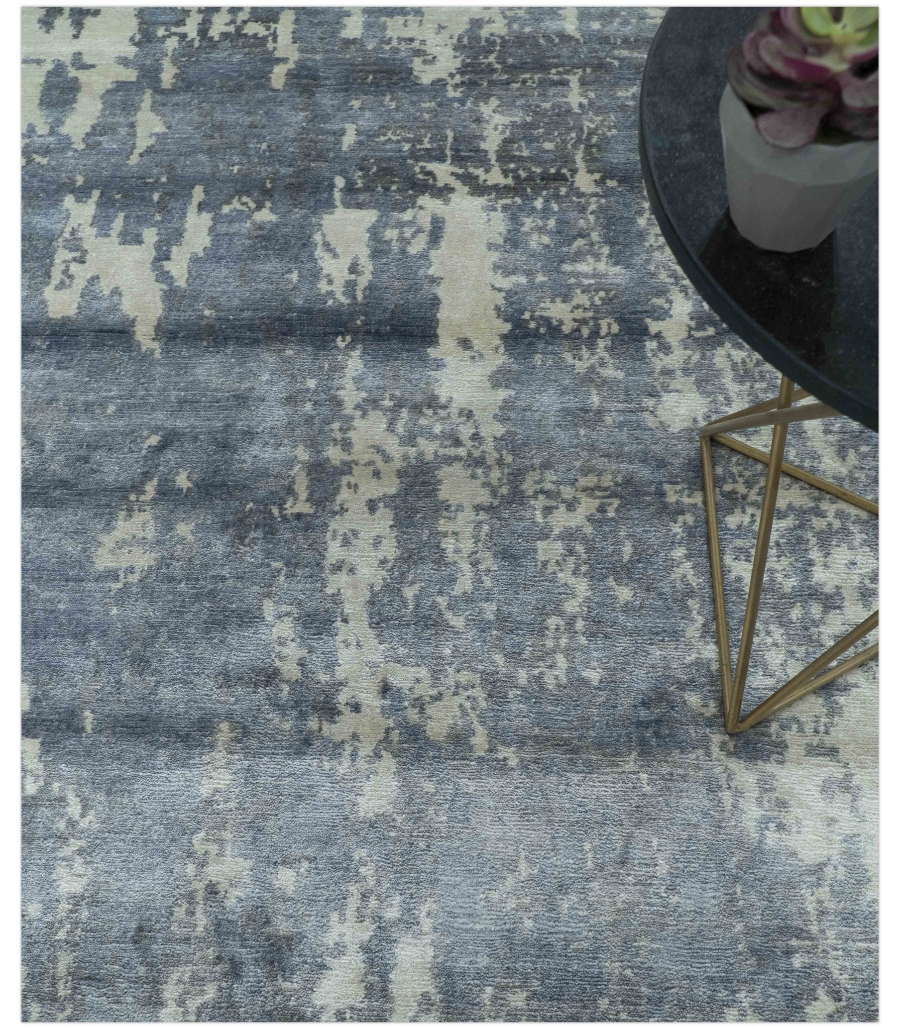 Modern Abstract Blue And Ivory Hand Knotted Wool Area Rug - Image 3