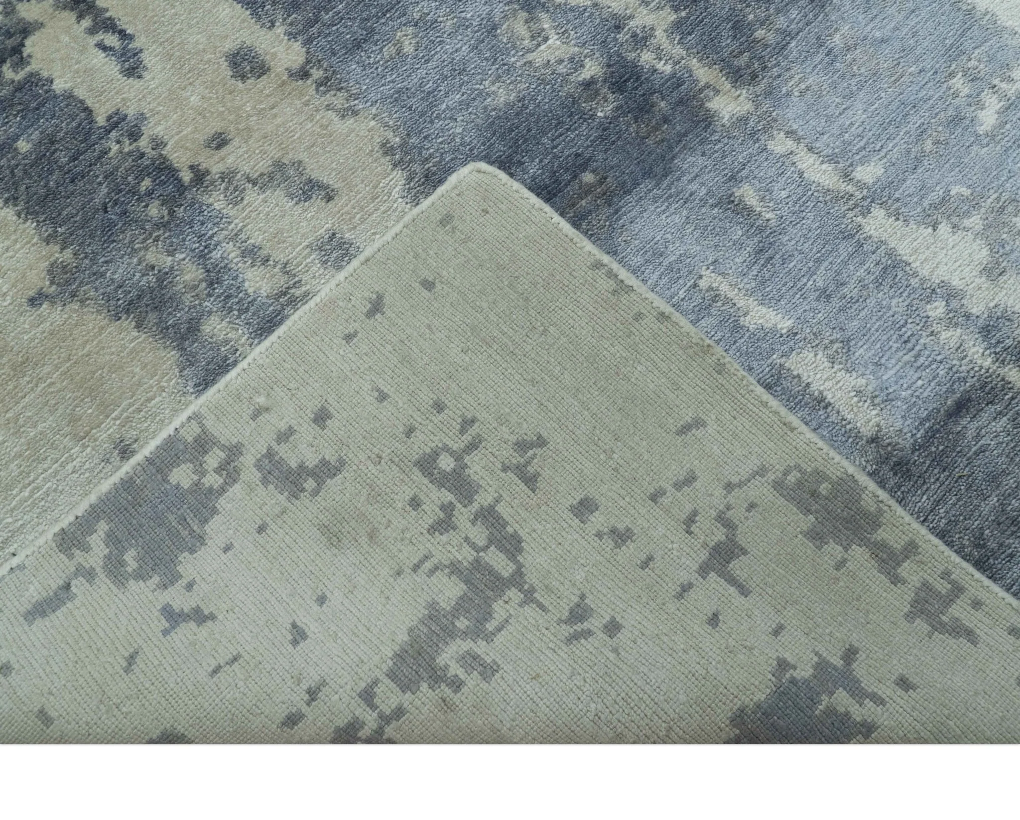 Modern Abstract Blue And Ivory Hand Knotted Wool Area Rug - Image 5