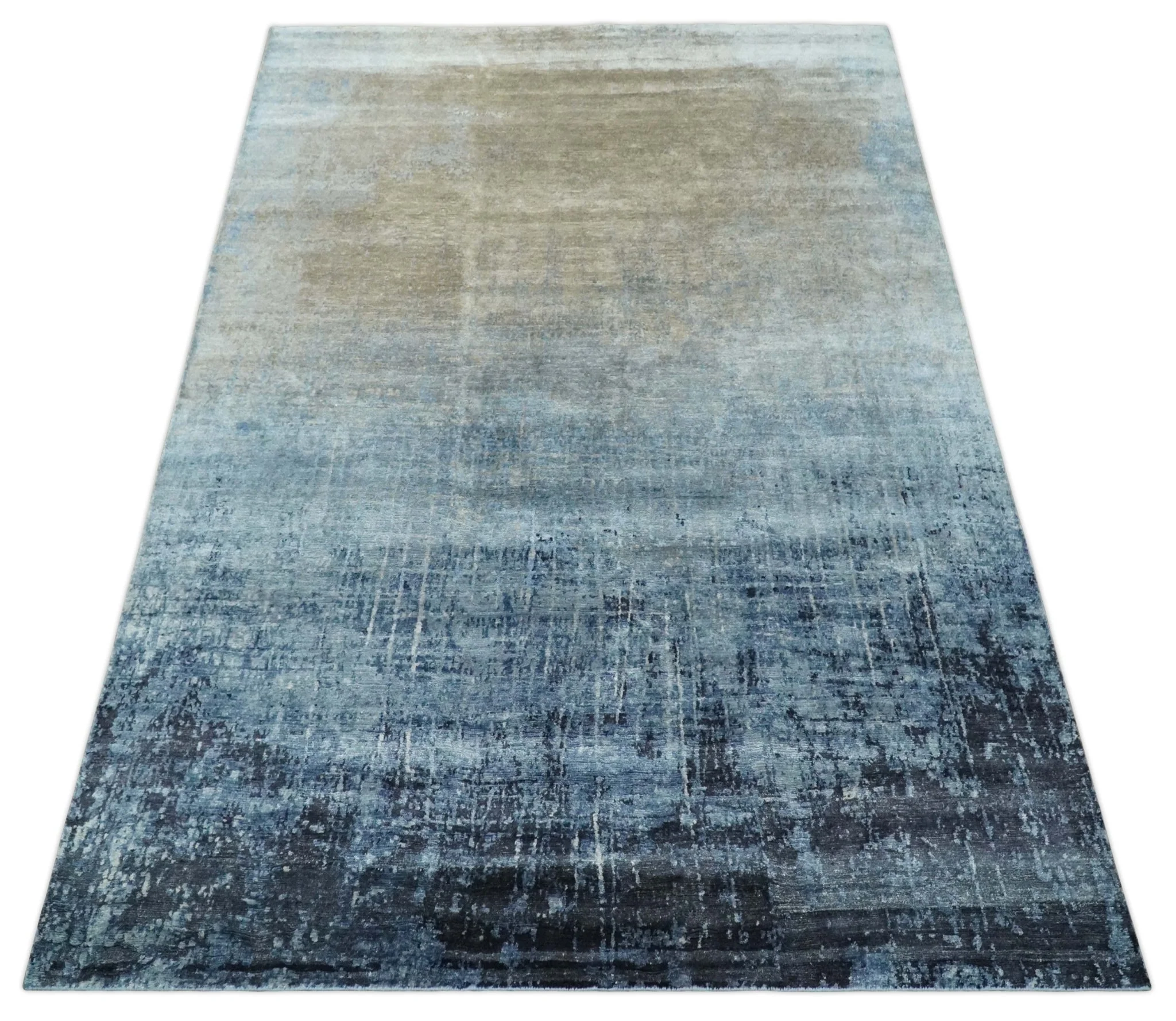 Modern abstract Blue, Aqua and Brown Hand Knotted 8x10 wool and Art silk Area Rug - Image 10