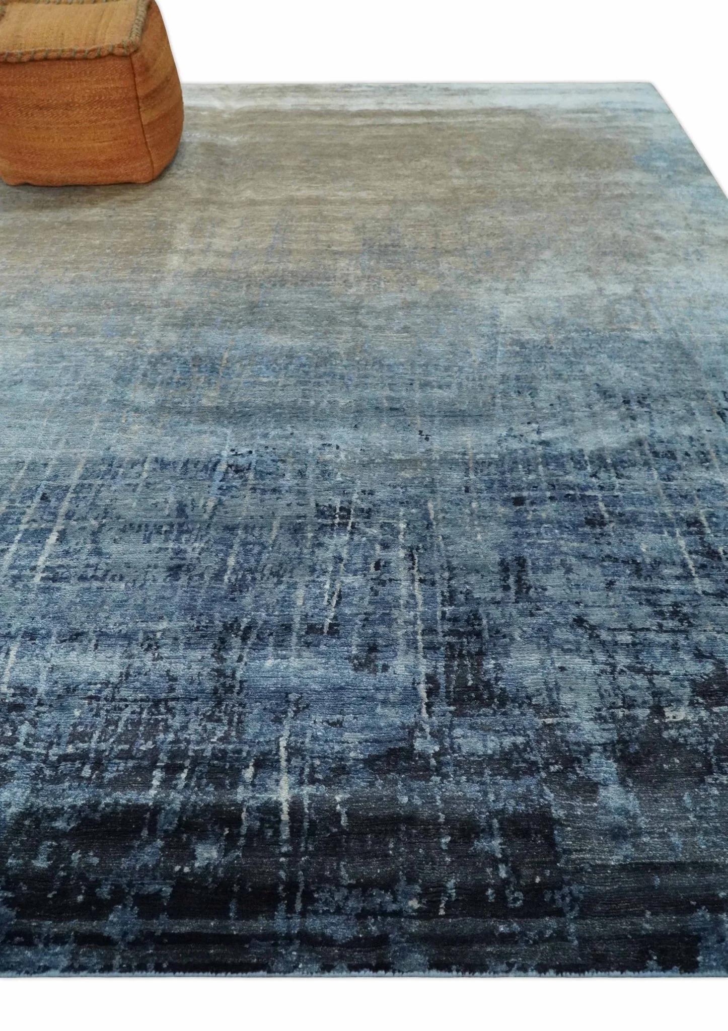 Modern abstract Blue, Aqua and Brown Hand Knotted 8x10 wool and Art silk Area Rug - Image 3