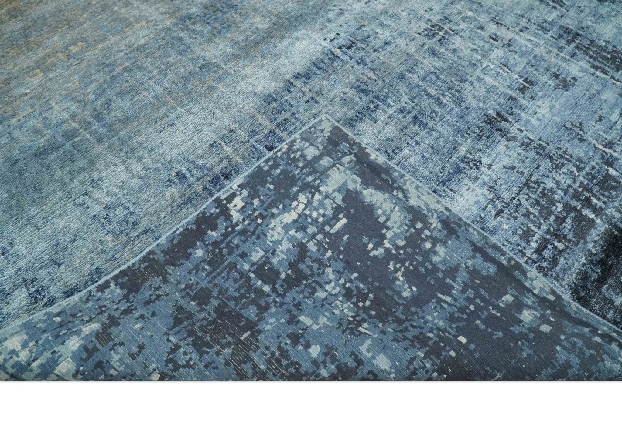 Modern abstract Blue, Aqua and Brown Hand Knotted 8x10 wool and Art silk Area Rug - Image 6