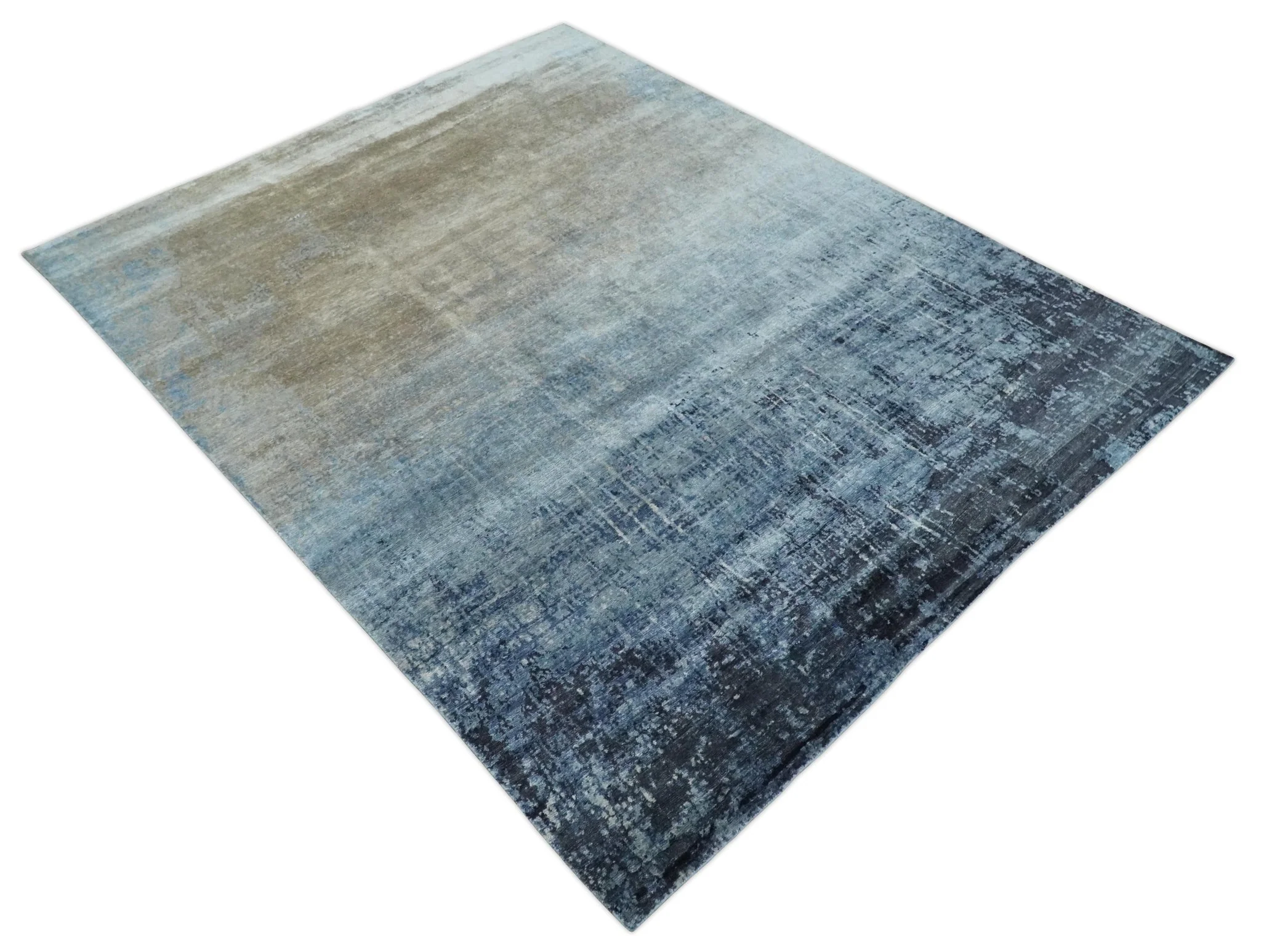 Modern abstract Blue, Aqua and Brown Hand Knotted 8x10 wool and Art silk Area Rug - Image 9