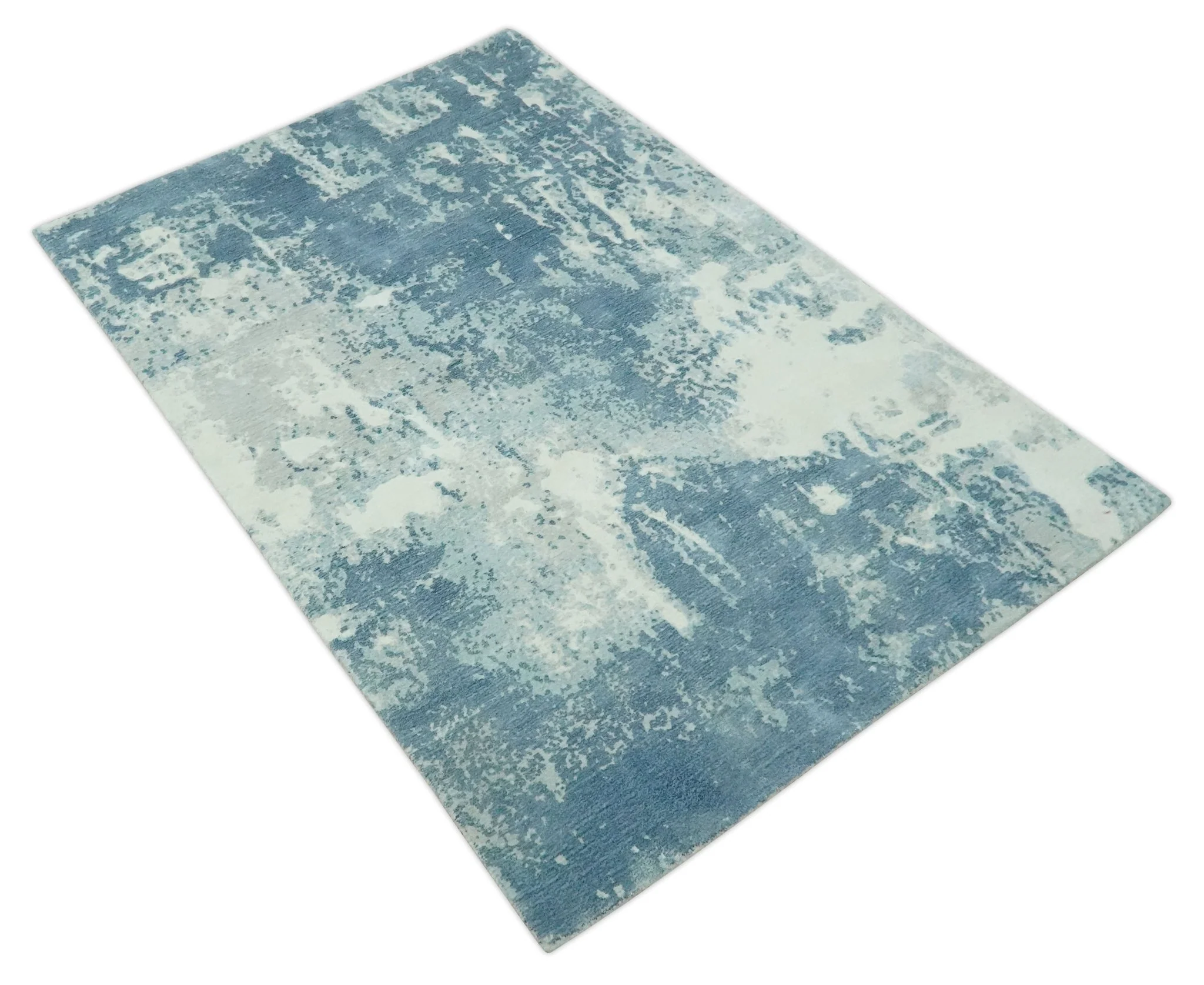 Modern Abstract blue, Ivory and Silver 4x6 Hand Knotted wool Area Rug - Image 10