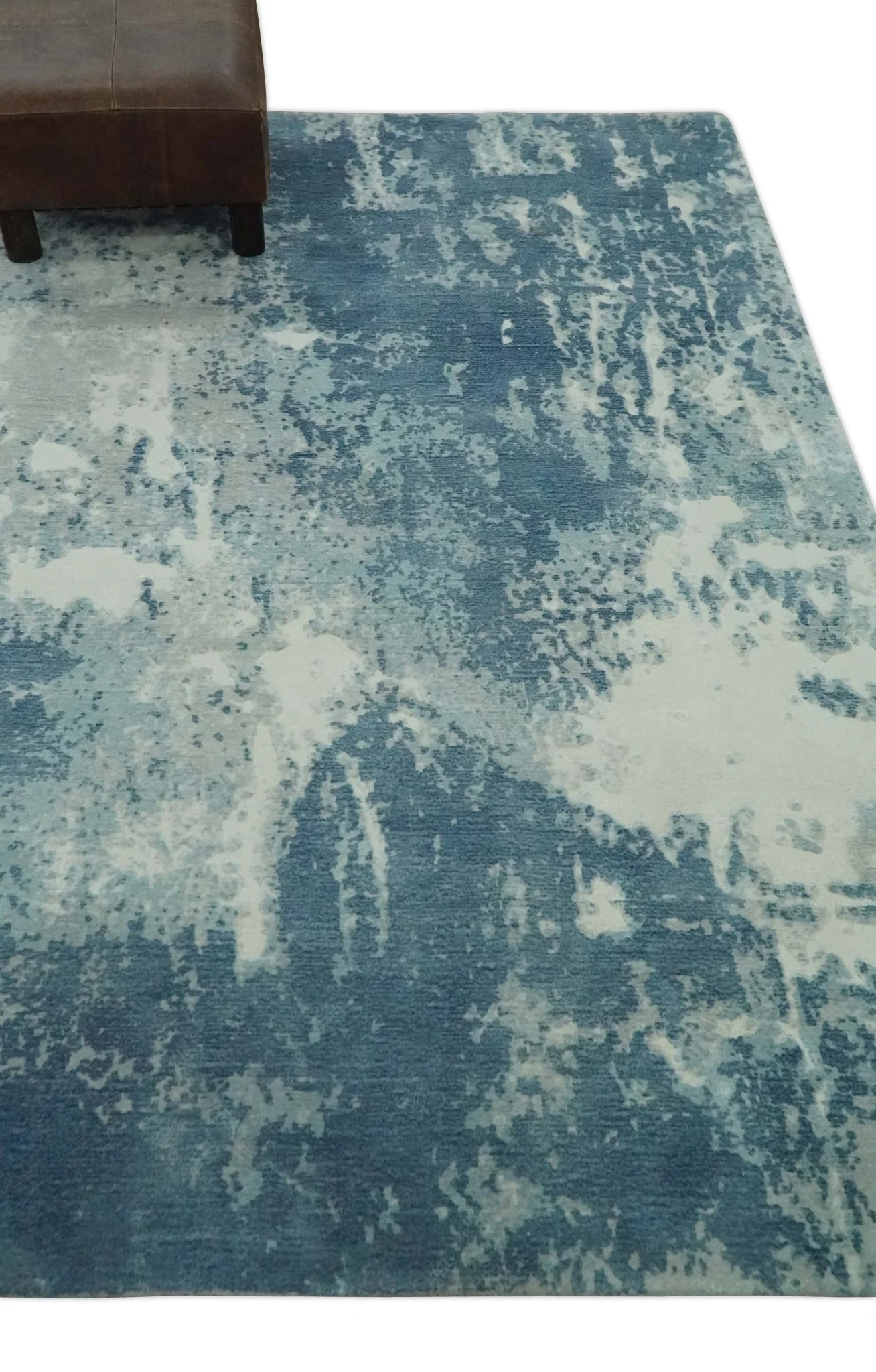 Modern Abstract blue, Ivory and Silver 4x6 Hand Knotted wool Area Rug - Image 3