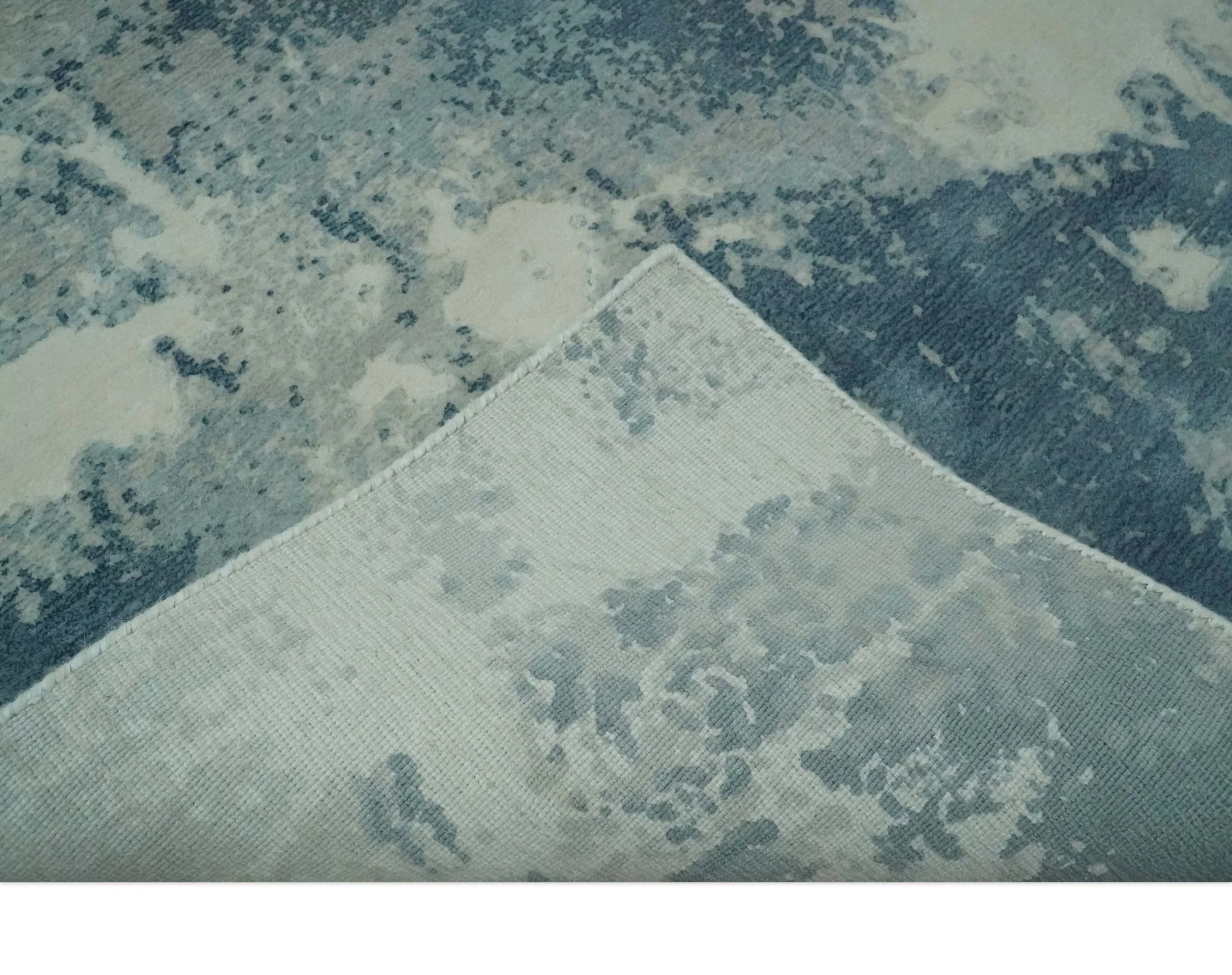 Modern Abstract blue, Ivory and Silver 4x6 Hand Knotted wool Area Rug - Image 7