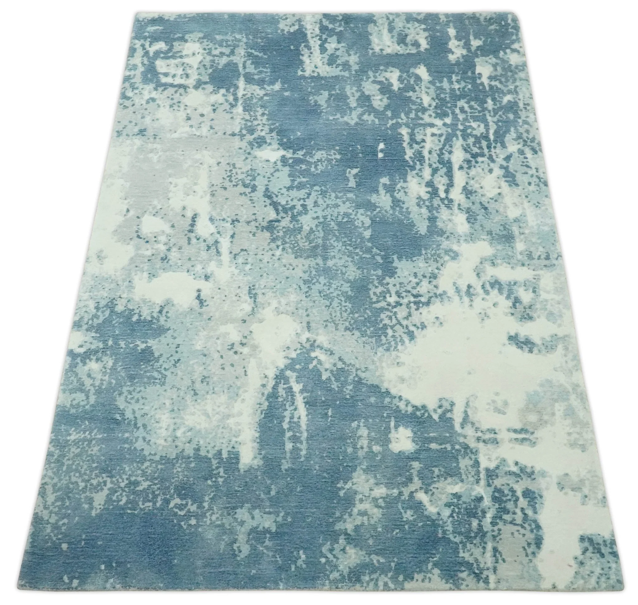 Modern Abstract blue, Ivory and Silver 4x6 Hand Knotted wool Area Rug - Image 9