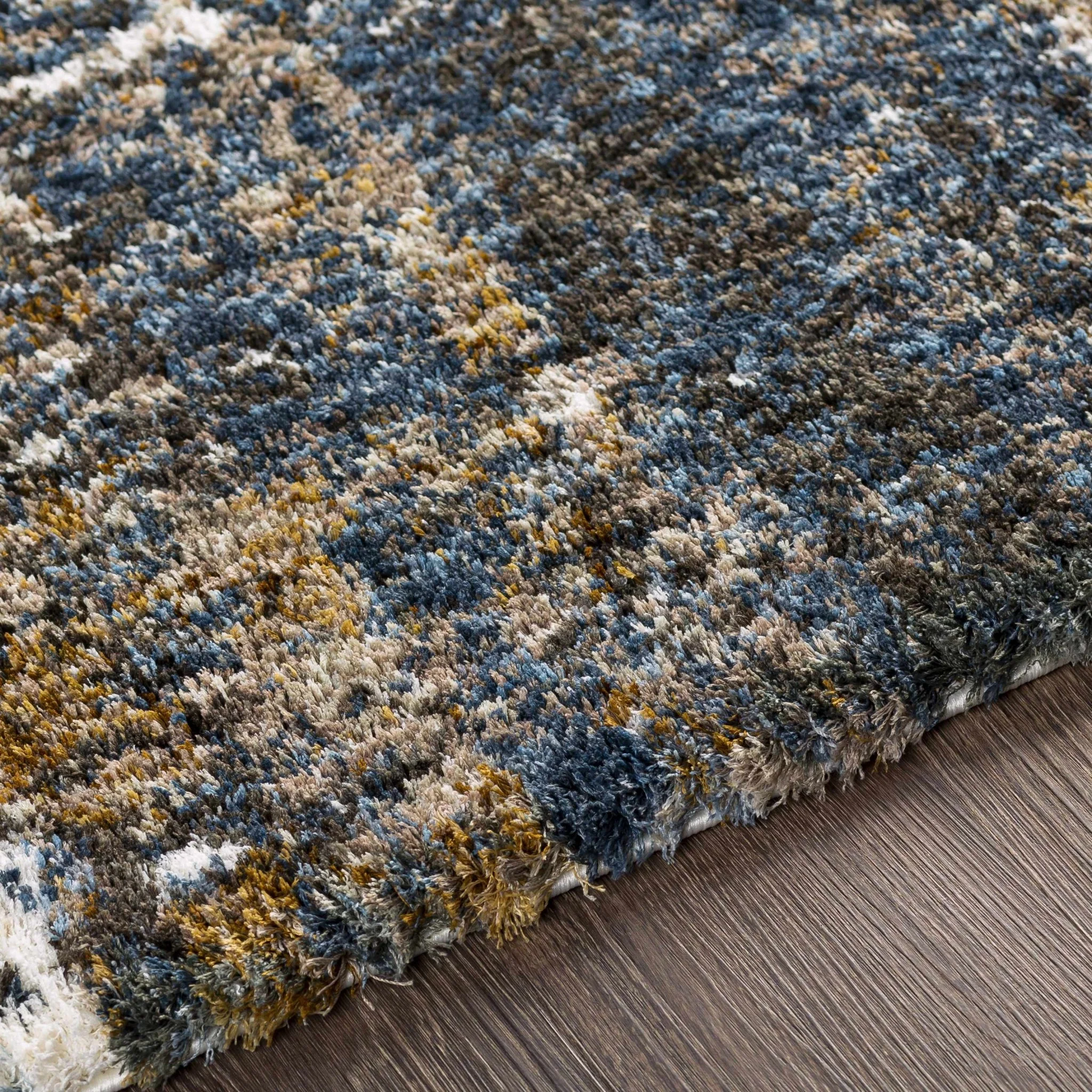 Modern Abstract Blue, Ivory, Gold and Brown Moroccan Style Plush Pile Area Rug - Image 3