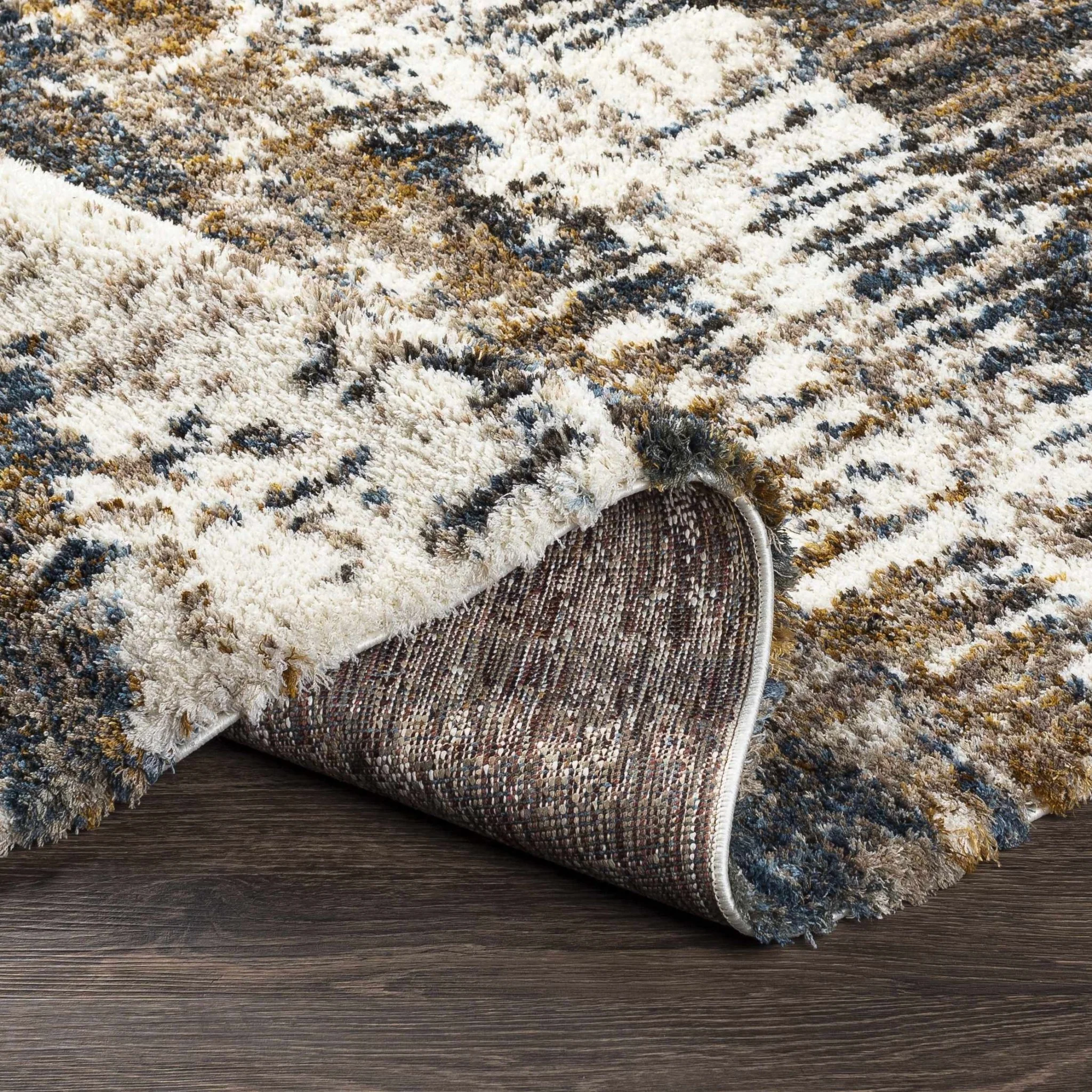 Modern Abstract Blue, Ivory, Gold and Brown Moroccan Style Plush Pile Area Rug - Image 4