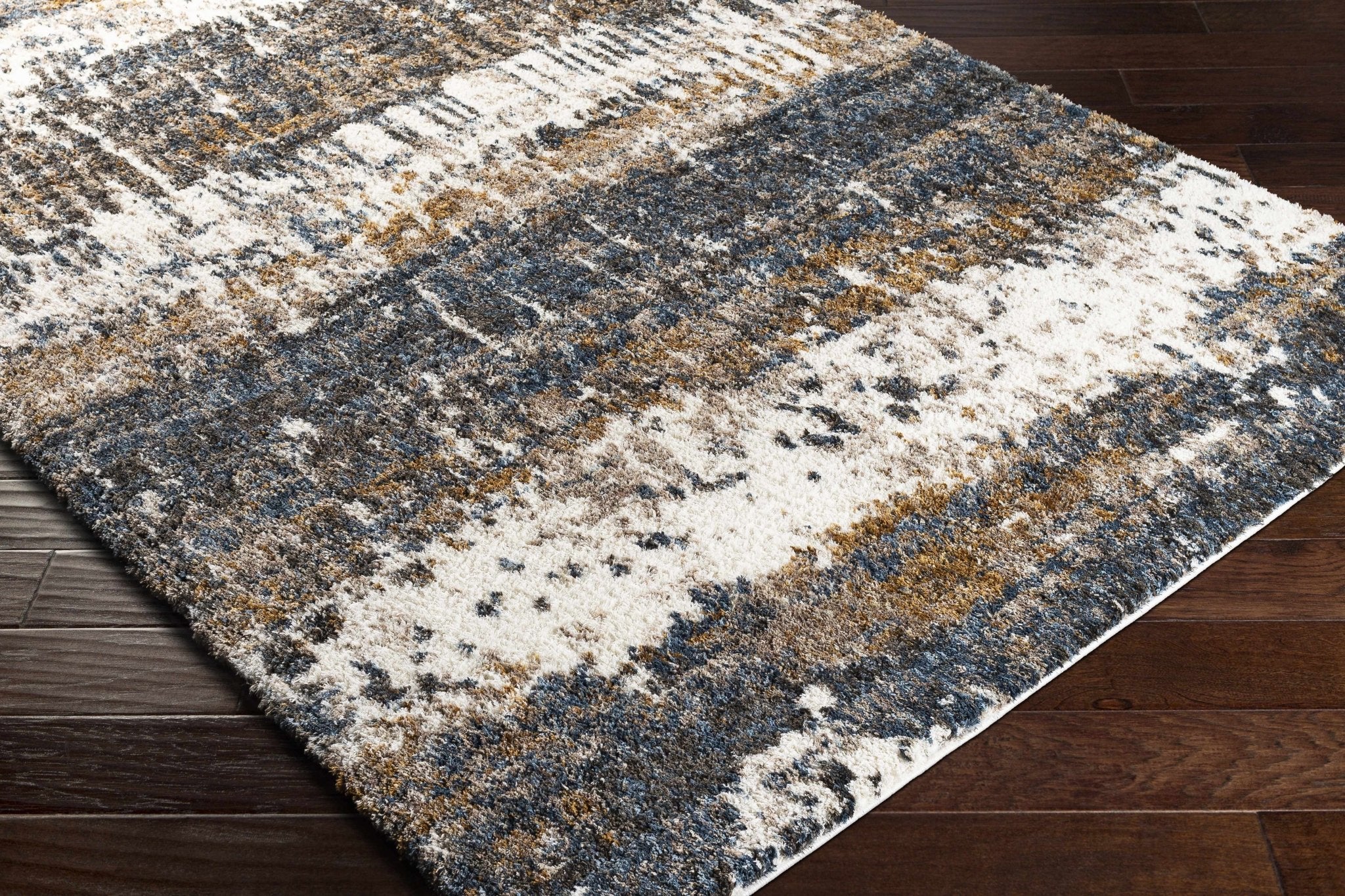 Modern Abstract Blue, Ivory, Gold and Brown Moroccan Style Plush Pile Area Rug - Image 5