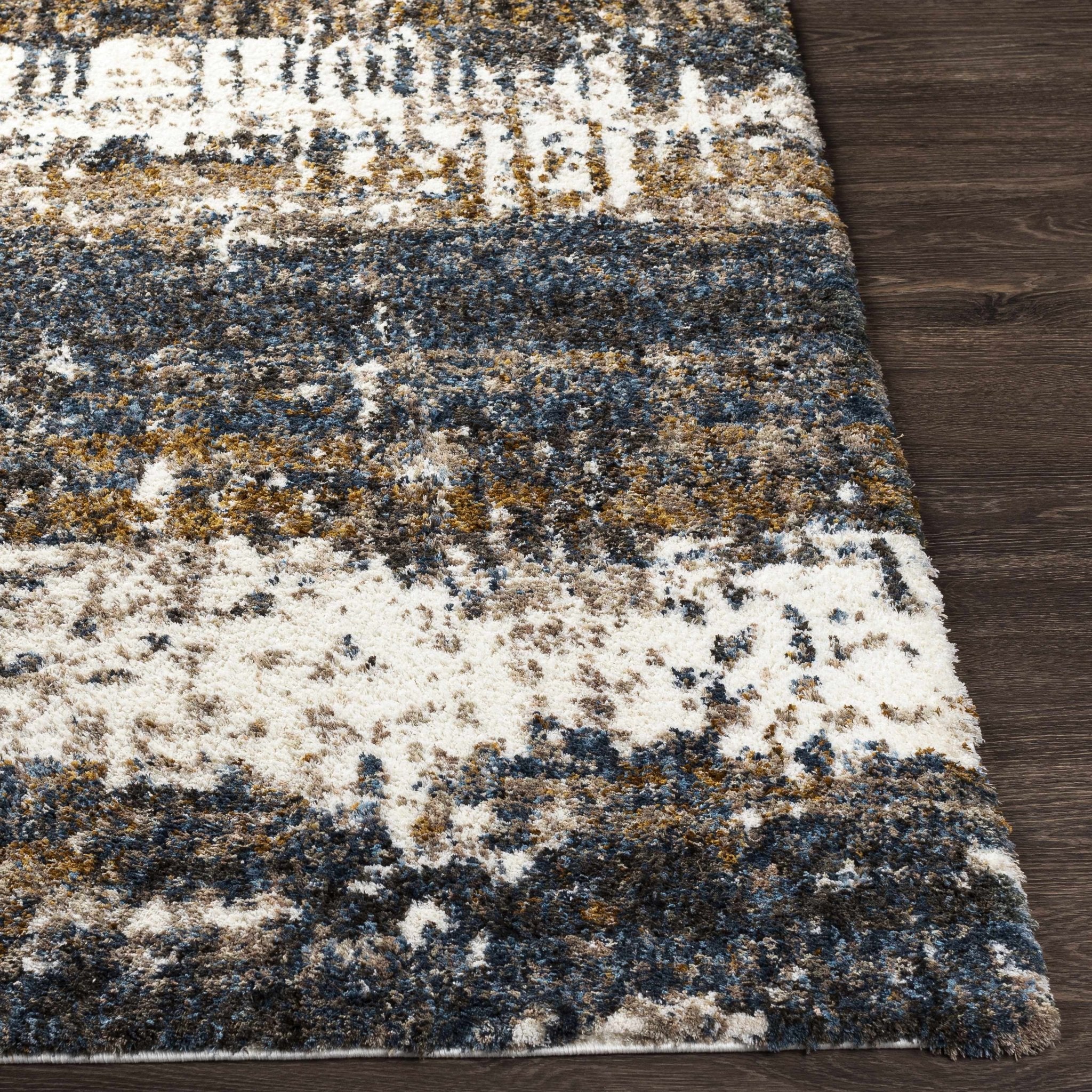 Modern Abstract Blue, Ivory, Gold and Brown Moroccan Style Plush Pile Area Rug - Image 6