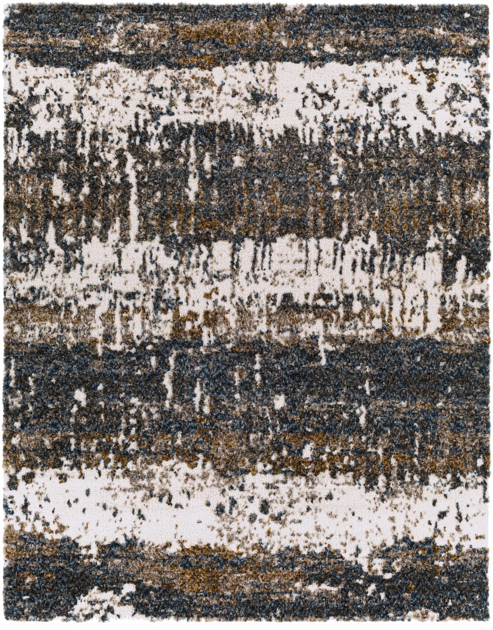 Modern Abstract Blue, Ivory, Gold and Brown Moroccan Style Plush Pile Area Rug - Image 7