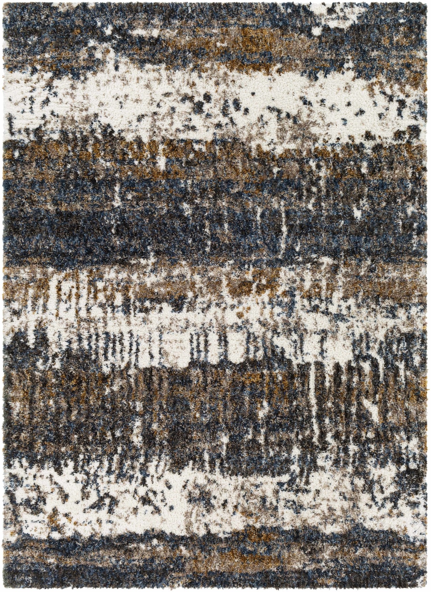 Modern Abstract Blue, Ivory, Gold and Brown Moroccan Style Plush Pile Area Rug - Image 8
