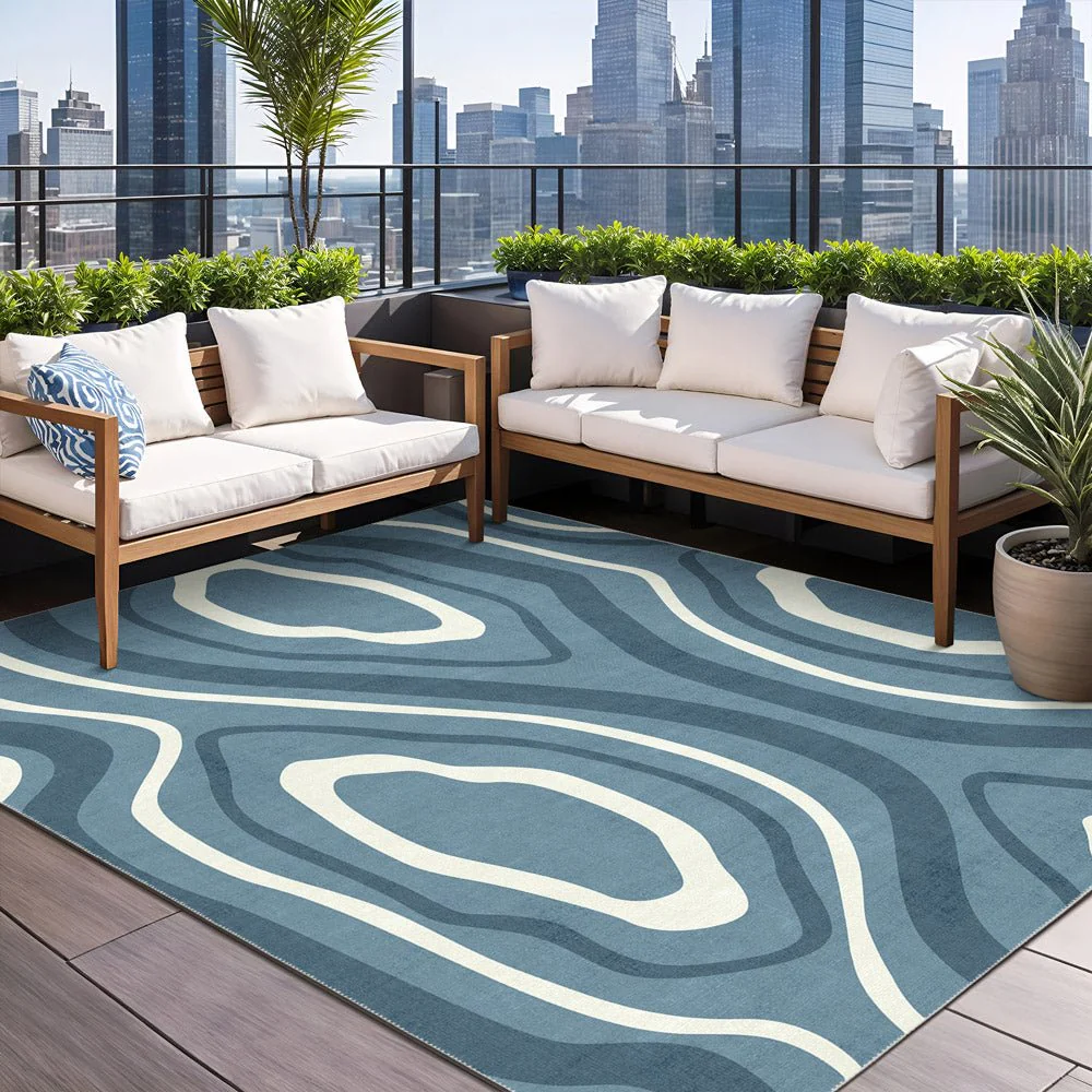 Modern Abstract Blue Machine Washable Cotton Area Rug - Image 3