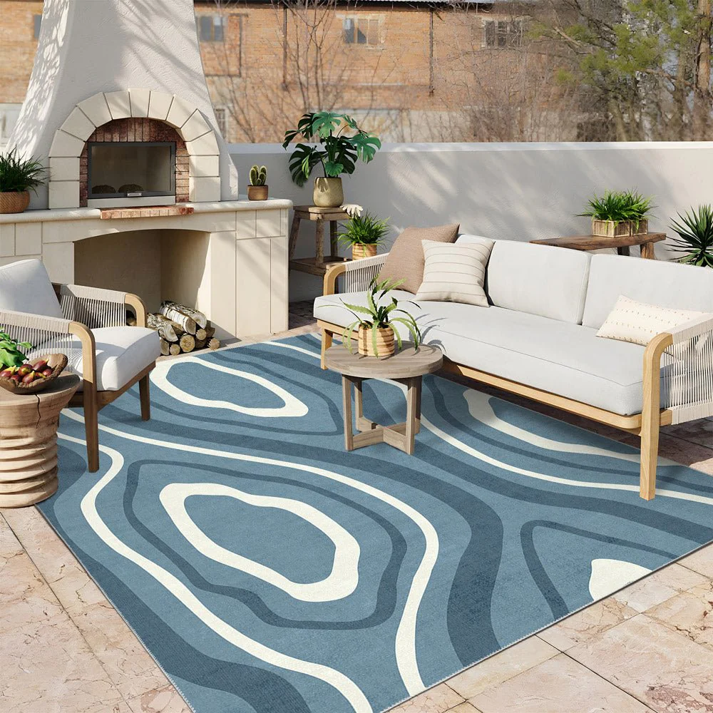 Modern Abstract Blue Machine Washable Cotton Area Rug - Image 4