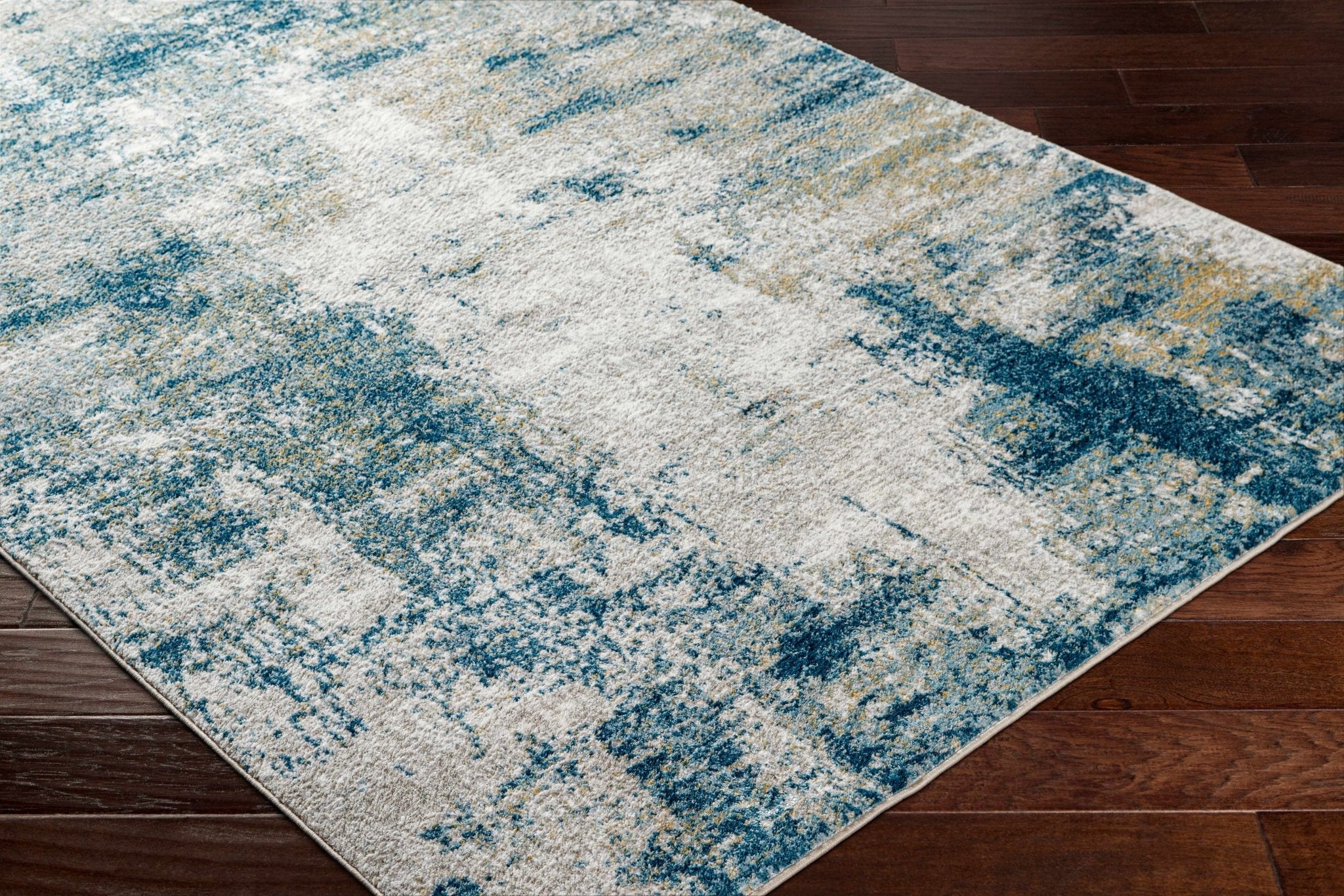 Modern Abstract Blue, Silver, Gray and Gold Area Rug - Image 3