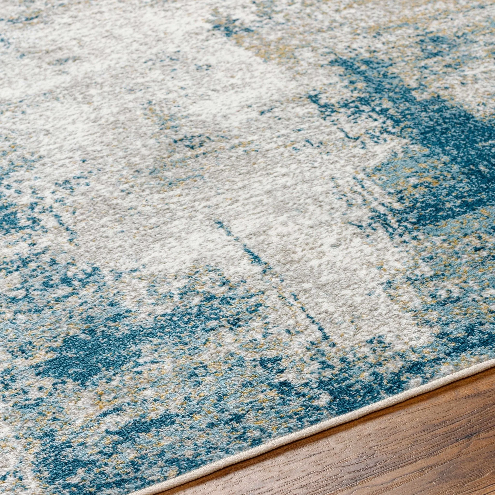 Modern Abstract Blue, Silver, Gray and Gold Area Rug - Image 5