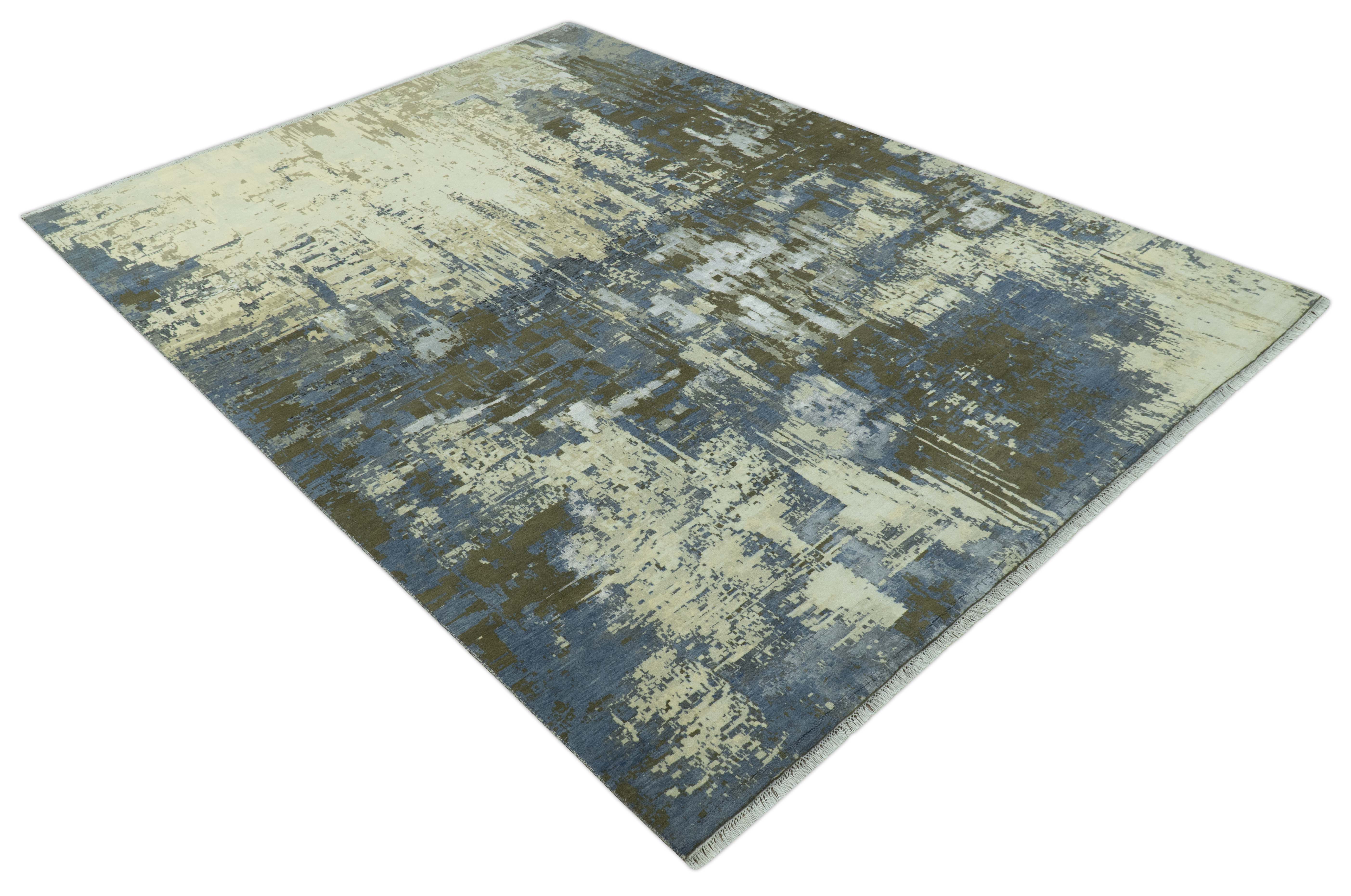 Modern Abstract Design Beige And Blue 9x12 Hand Knotted Wool Area Rug - Image 10