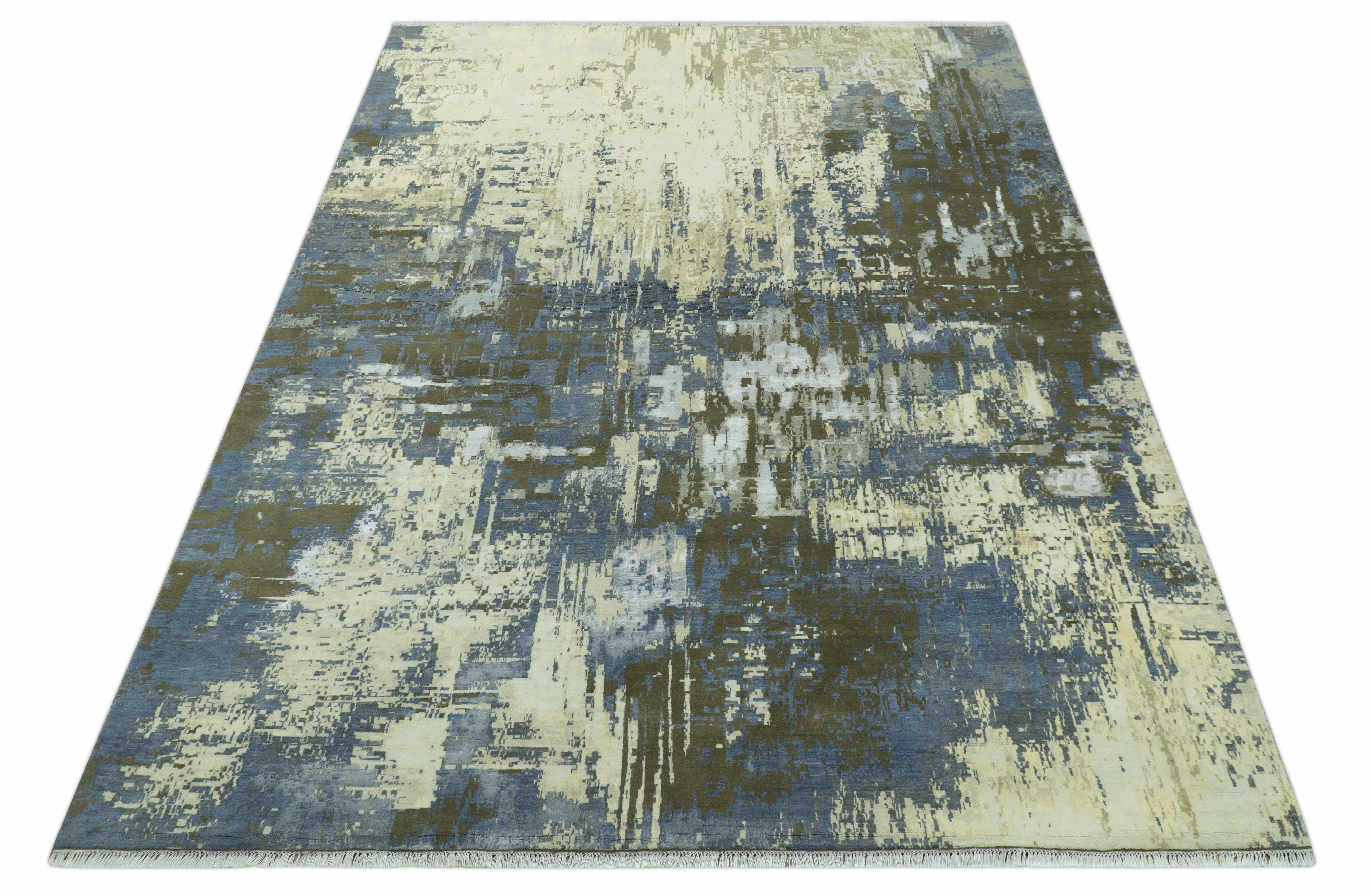 Modern Abstract Design Beige And Blue 9x12 Hand Knotted Wool Area Rug - Image 11