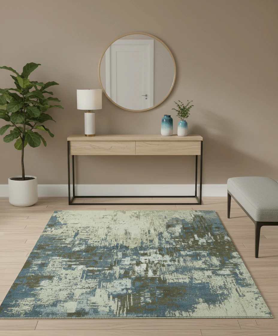 Modern Abstract Design Beige And Blue 9x12 Hand Knotted Wool Area Rug - Image 2