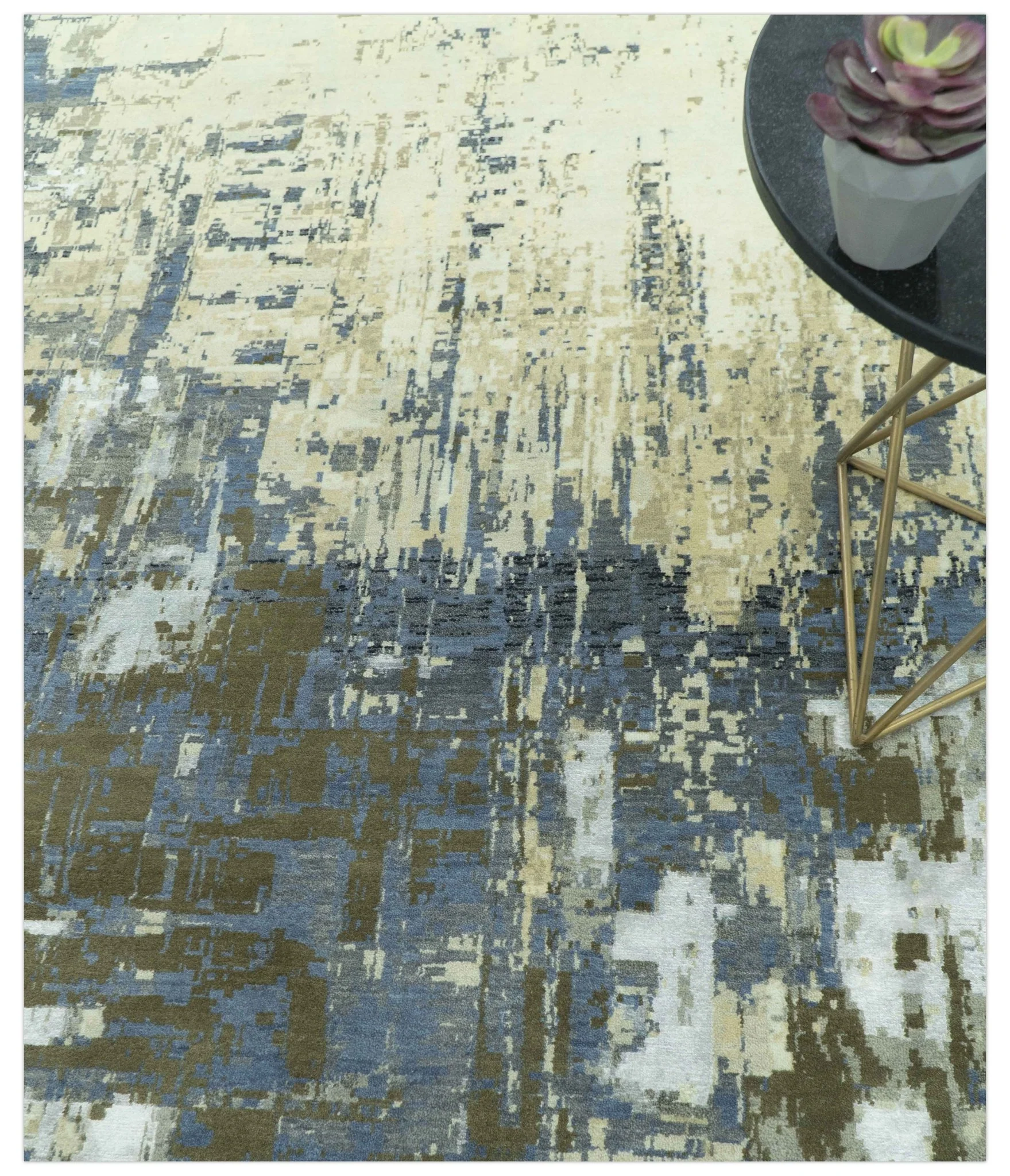 Modern Abstract Design Beige And Blue 9x12 Hand Knotted Wool Area Rug - Image 3