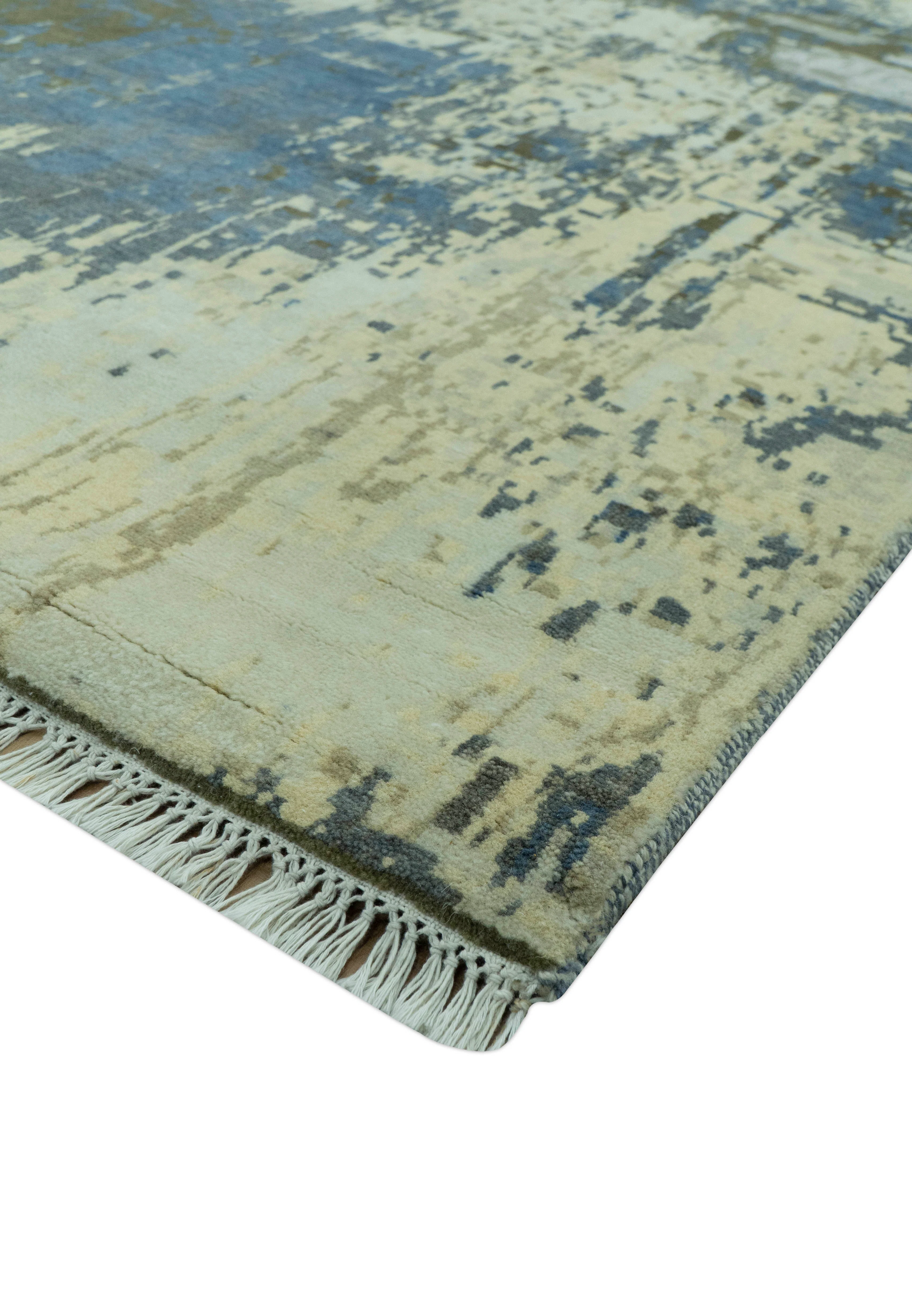 Modern Abstract Design Beige And Blue 9x12 Hand Knotted Wool Area Rug - Image 5