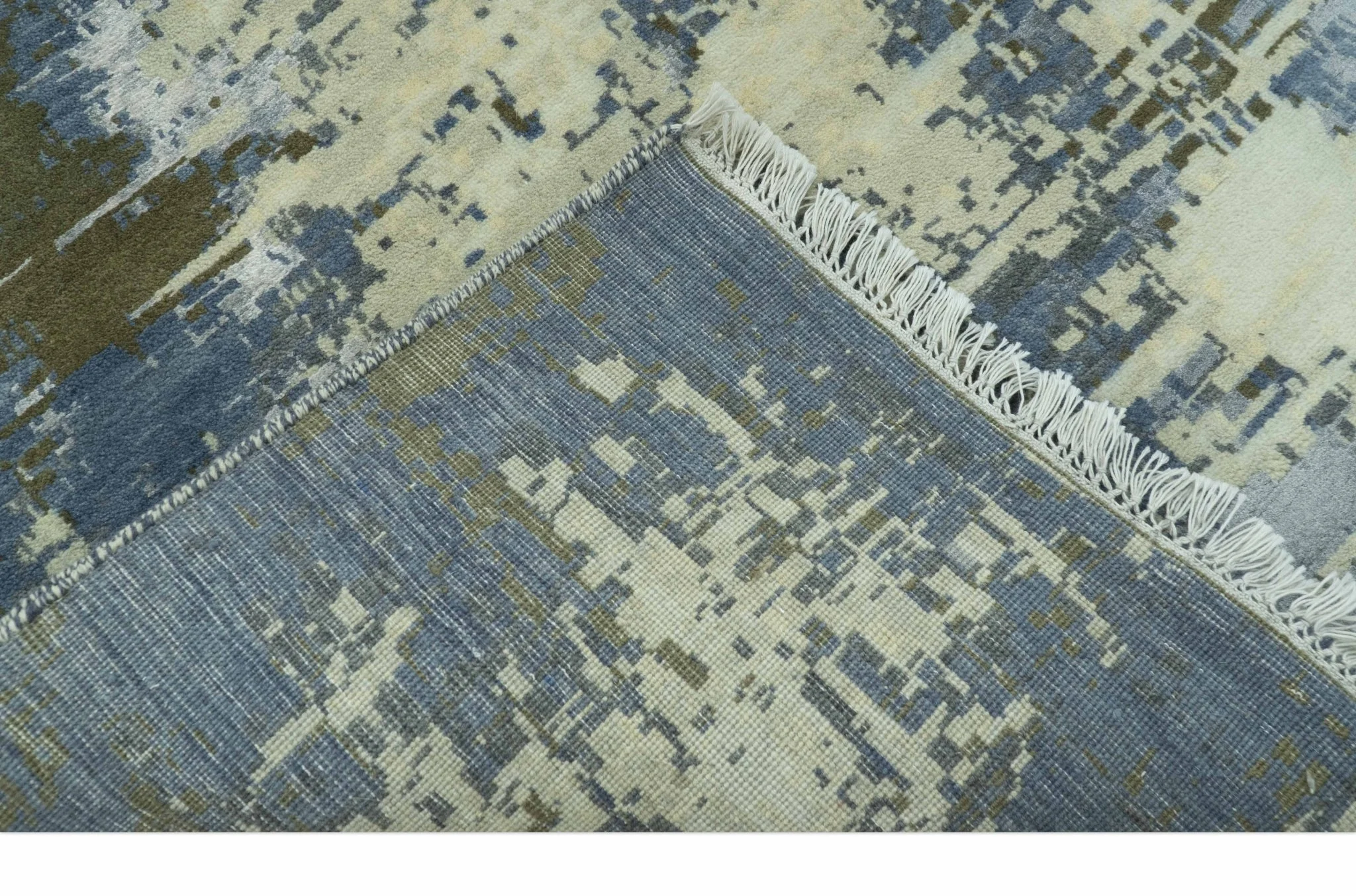 Modern Abstract Design Beige And Blue 9x12 Hand Knotted Wool Area Rug - Image 6