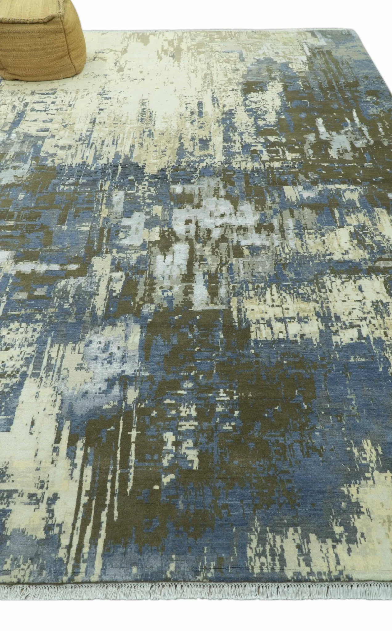 Modern Abstract Design Beige And Blue 9x12 Hand Knotted Wool Area Rug - Image 9