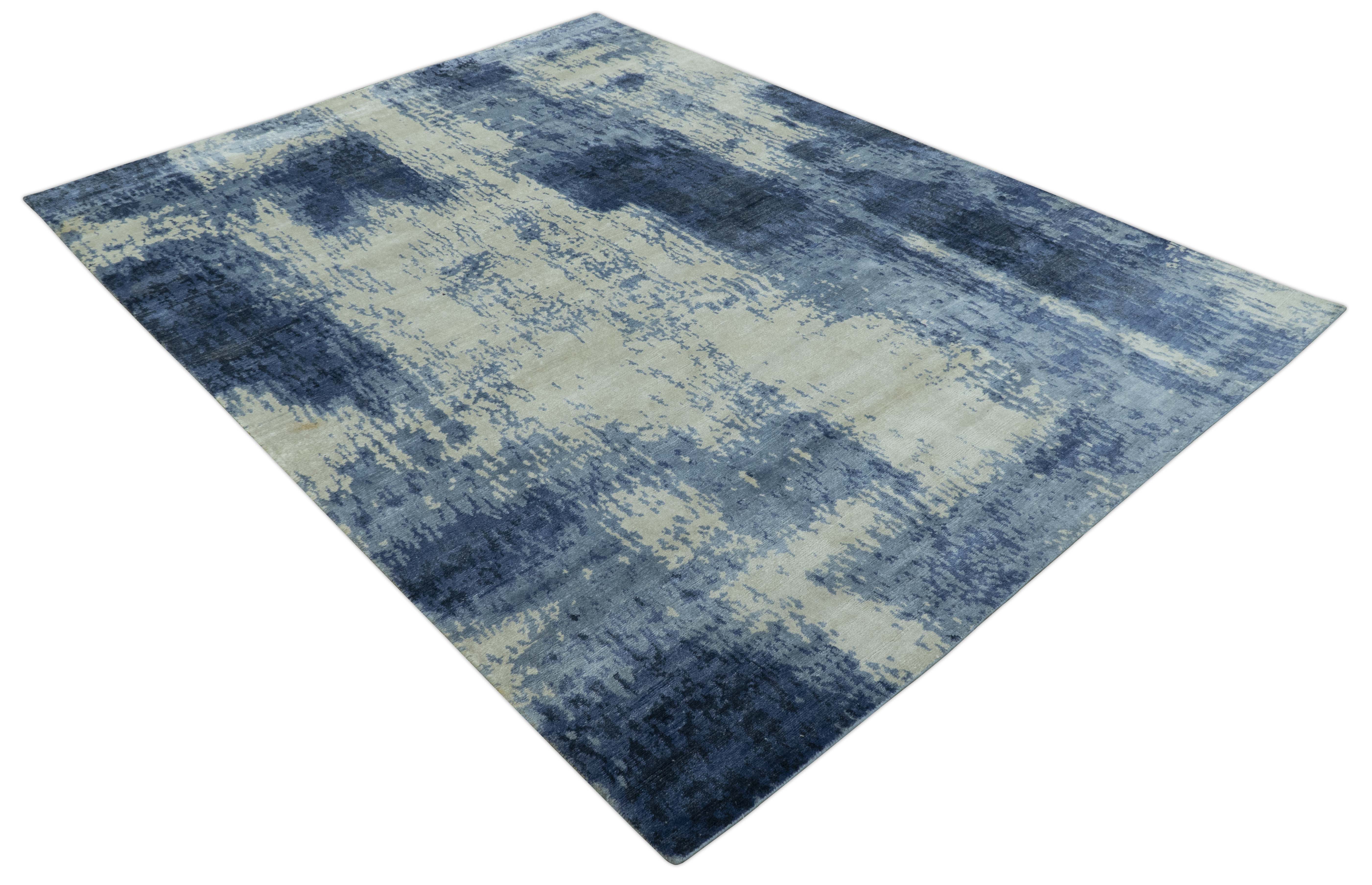 Modern Abstract Design Beige And Blue 9x12 Hand Knotted Bamboo Silk Area Rug - Image 11