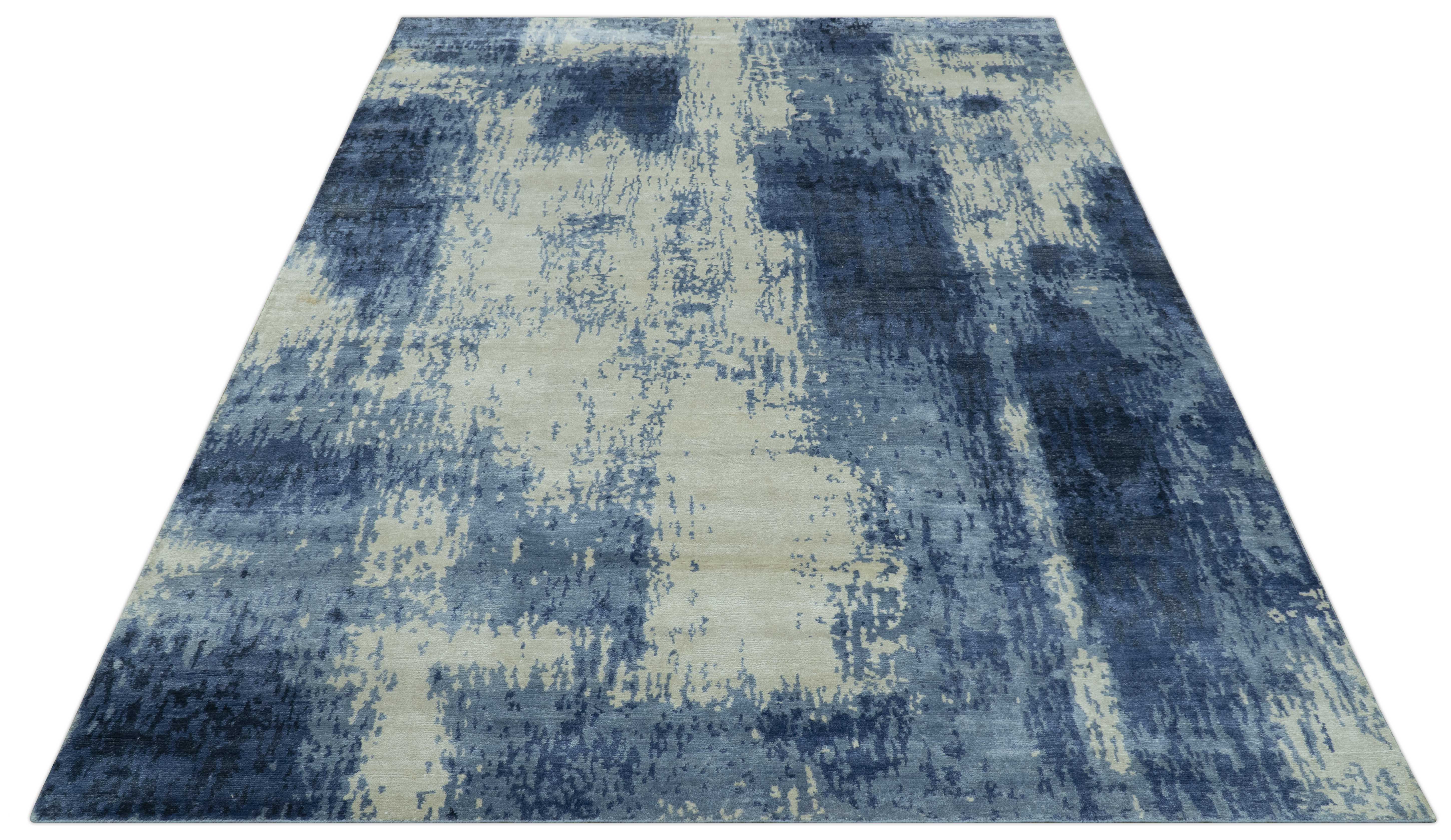 Modern Abstract Design Beige And Blue 9x12 Hand Knotted Bamboo Silk Area Rug - Image 12