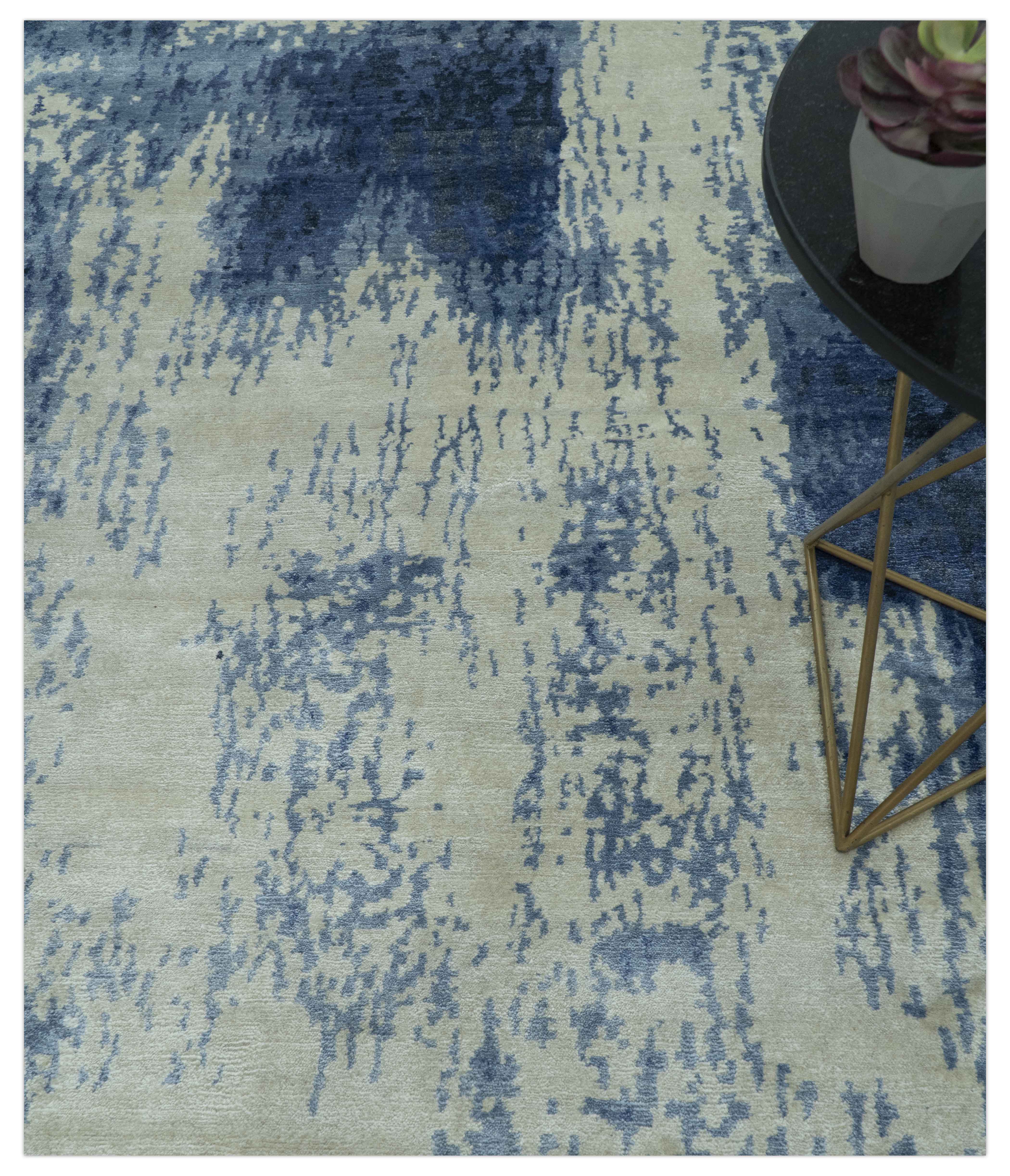 Modern Abstract Design Beige And Blue 9x12 Hand Knotted Bamboo Silk Area Rug - Image 3