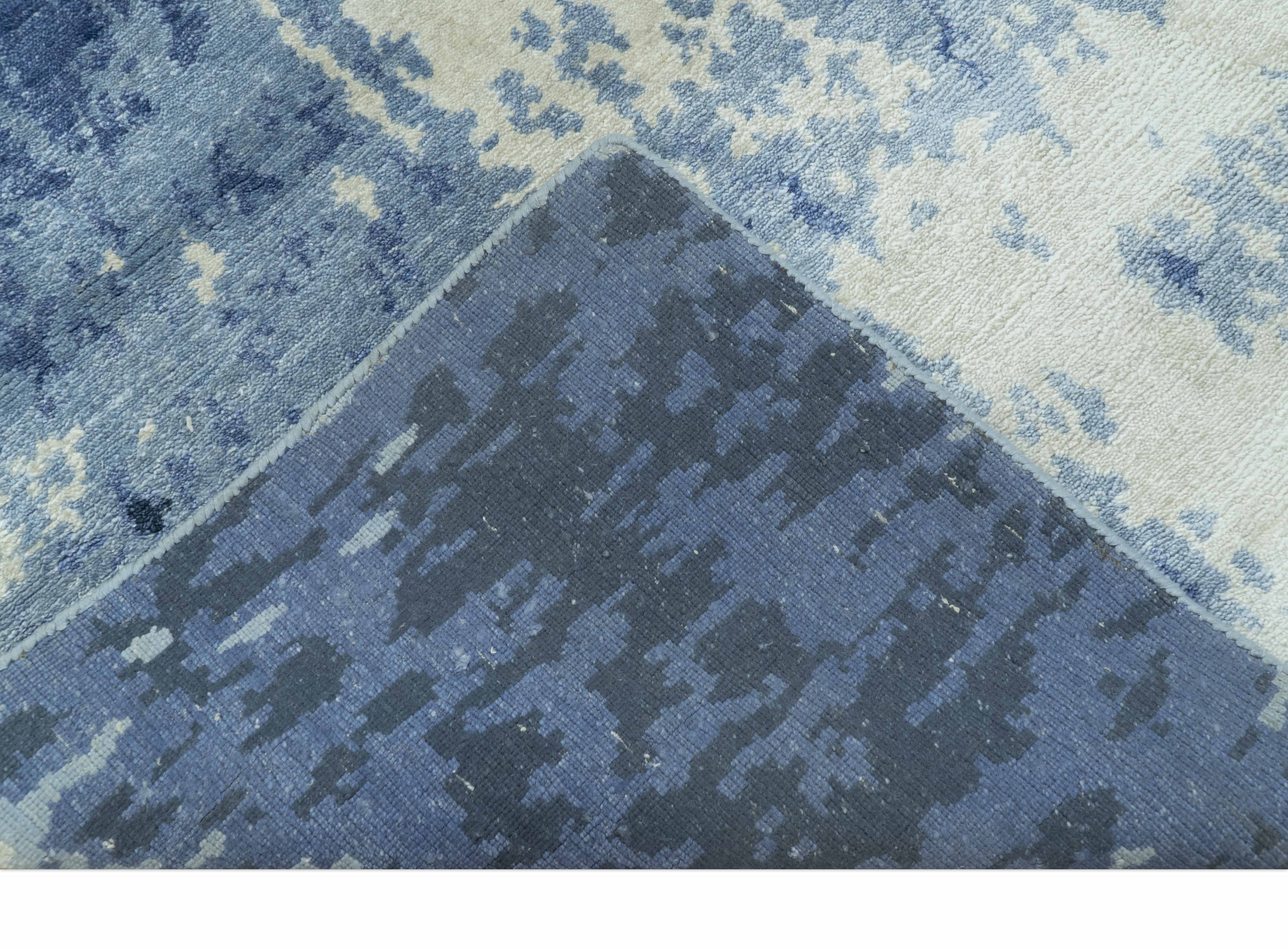 Modern Abstract Design Beige And Blue 9x12 Hand Knotted Bamboo Silk Area Rug - Image 4