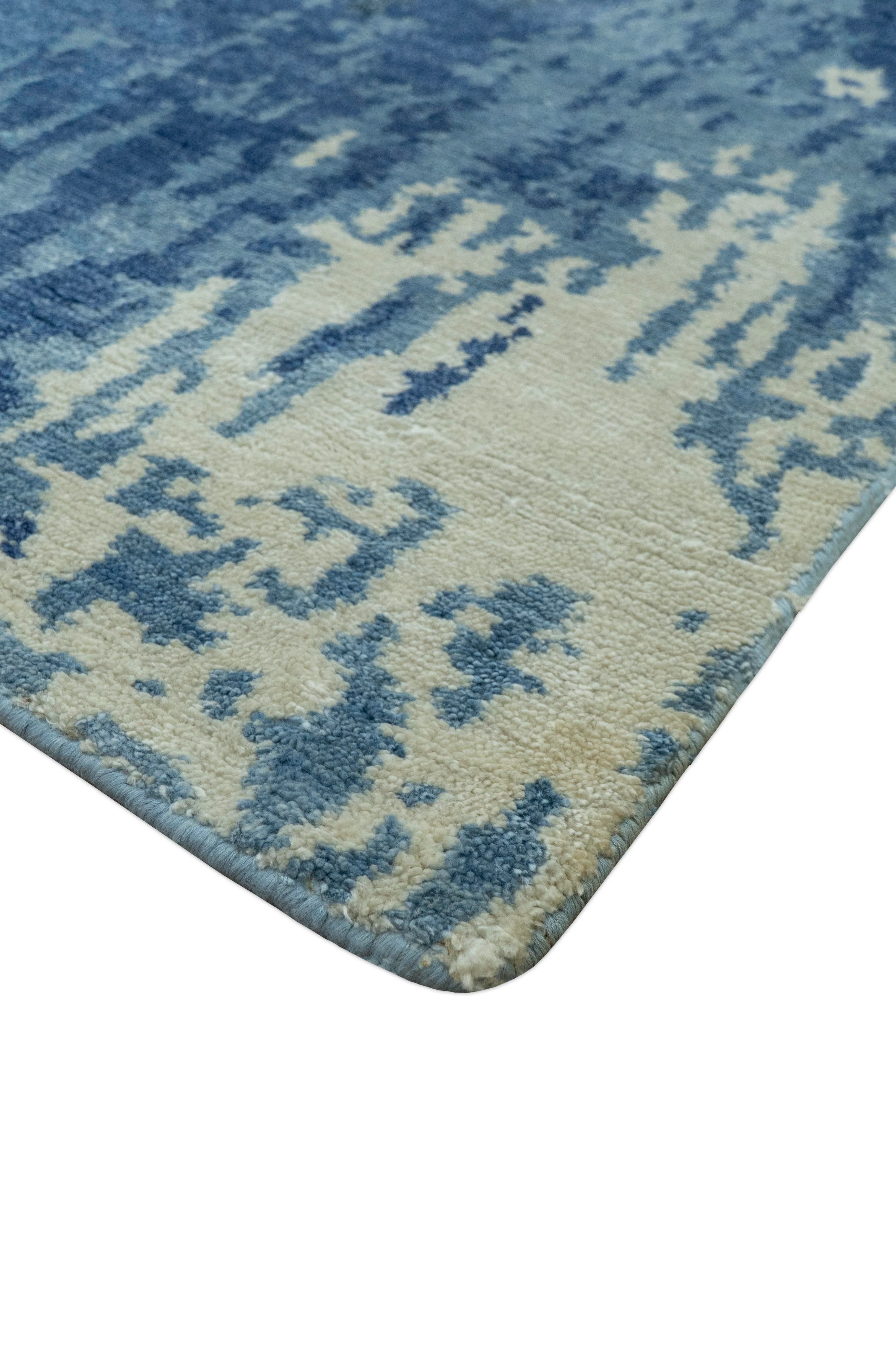 Modern Abstract Design Beige And Blue 9x12 Hand Knotted Bamboo Silk Area Rug - Image 8